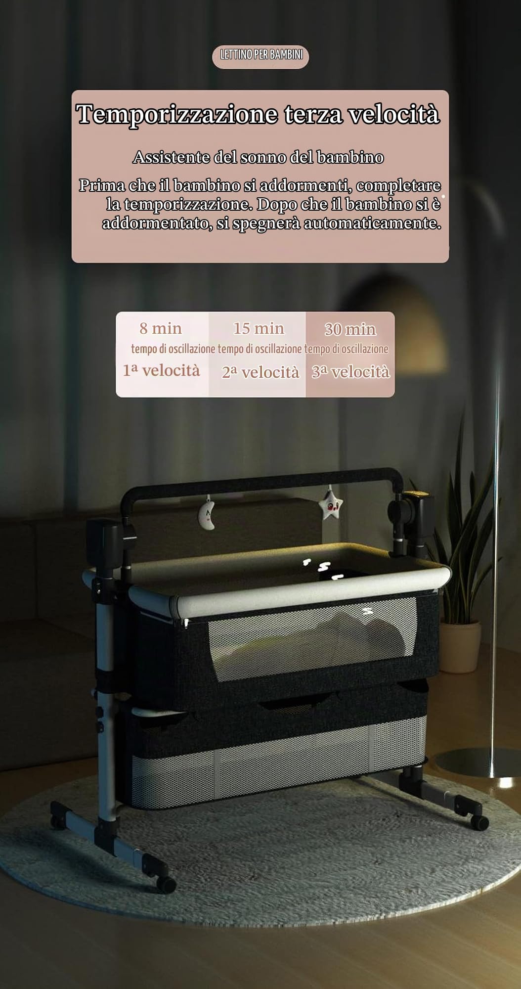 Nine point nine Elettrico Bluetooth Intelligente Culla Next to Me, Culla Neonato Fianco Letto, Convertibile Co-sleeping per Bambini Pieghevole con Musica 5 Ingranaggi Ondeggianti (601 Khaki)