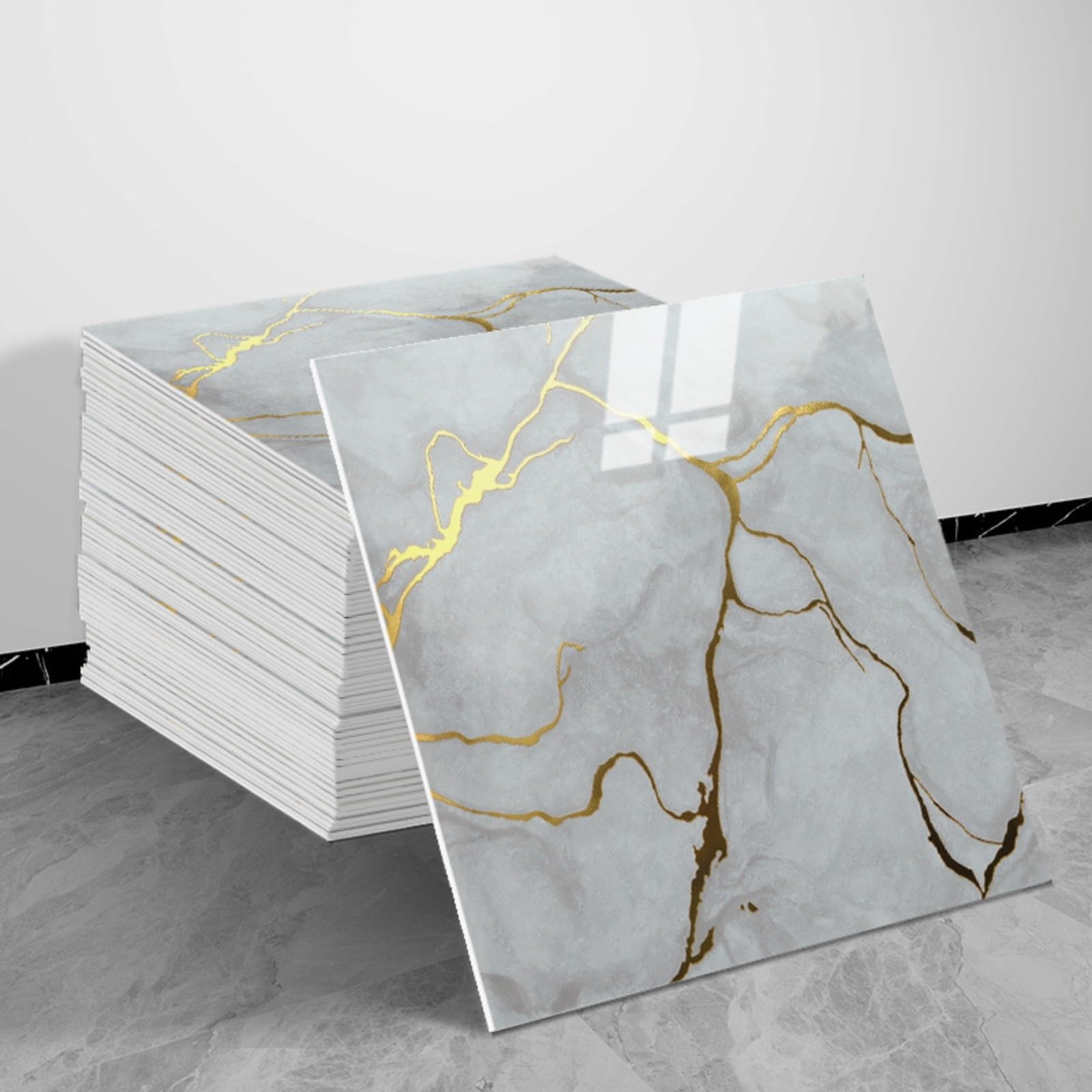 30x30cm Peel and Stick Marble Wall Tiles with Gold Veins, Glossy Waterproof PVC Backsplash for Kitchen Bathroom (20pcs-30x30cm,255)