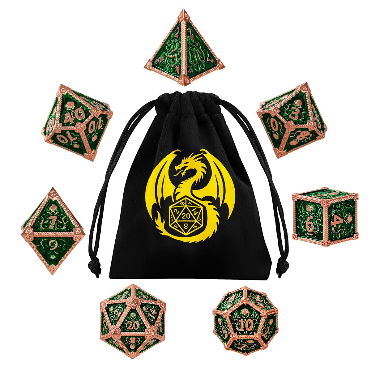 Metal Dice Set, Octopus Pattern, 7pcs Polyhedral Metal DND Dice Set, DND Starter Set, D&D Gifts with Gift Bag, Role Playing Board Games Accessories, Red Copper Border Green