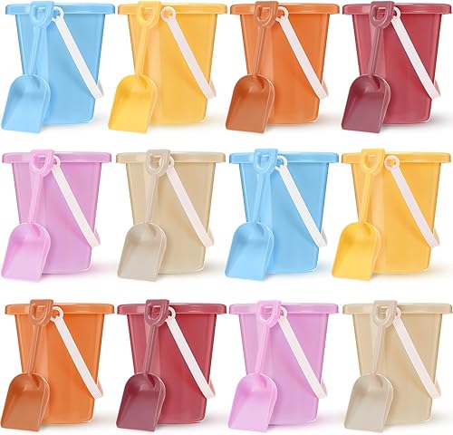 Silipull Cubos de arena y palas para niños, cubo de playa de 5.5 pulgadas con asas, palas de playa de plástico, regalos de fiesta de verano, fiesta