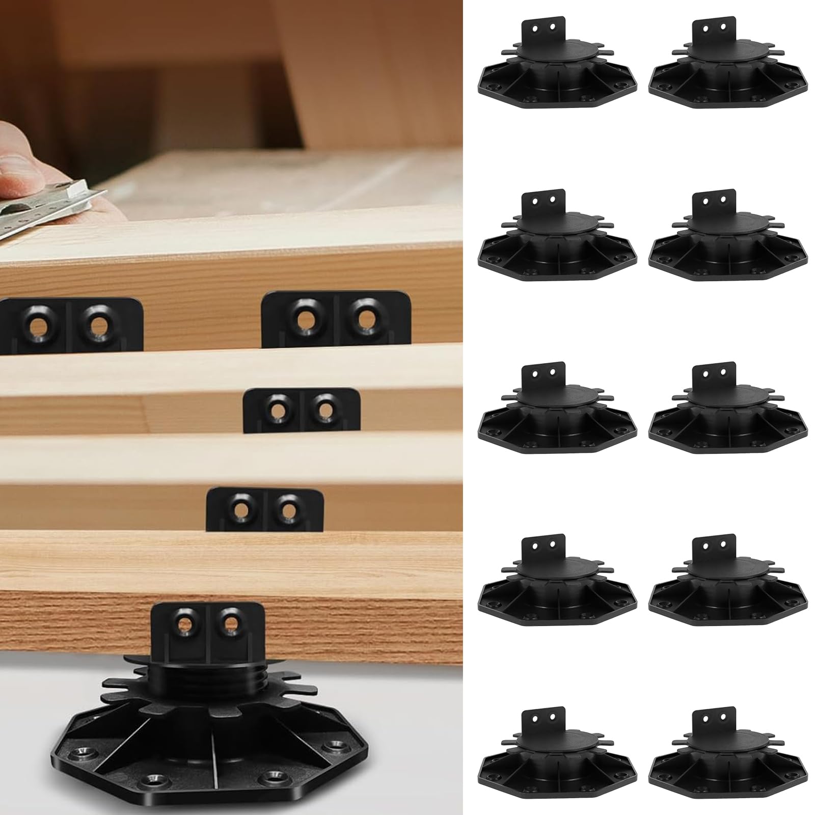 shaojian 10Pack Adjustable Deck Support Pedestal Paver Deck Foundation Base Support PP Black Flooring Joist Raising Supports to Keep Platform Panels Stable(30-60mm)