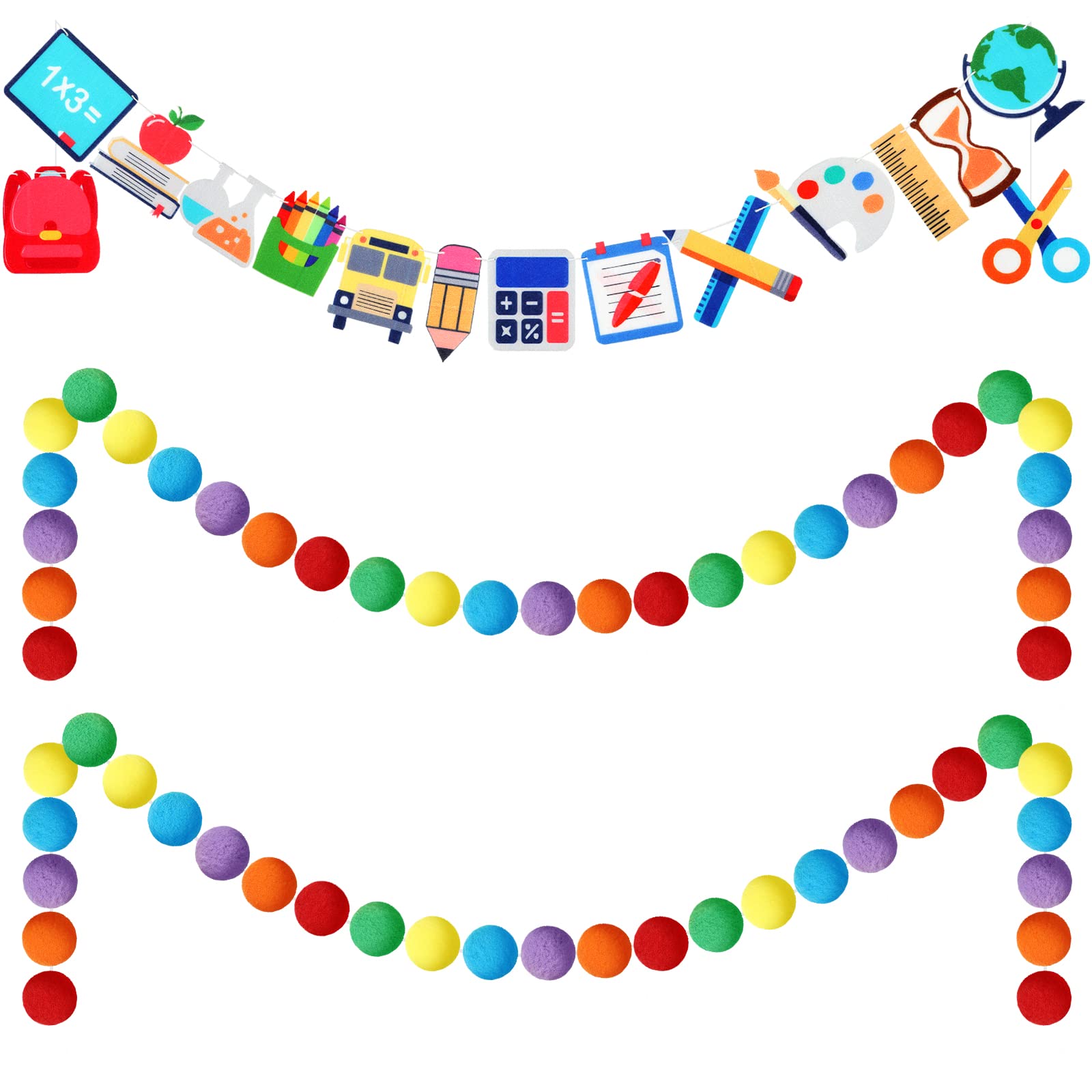 Rtteri 3 Pcs Colorful Felt Garland Classroom Decor Back to School Decorations Pom Pom Garland Colorful Handmade Hanging Felt Ball for First Day of