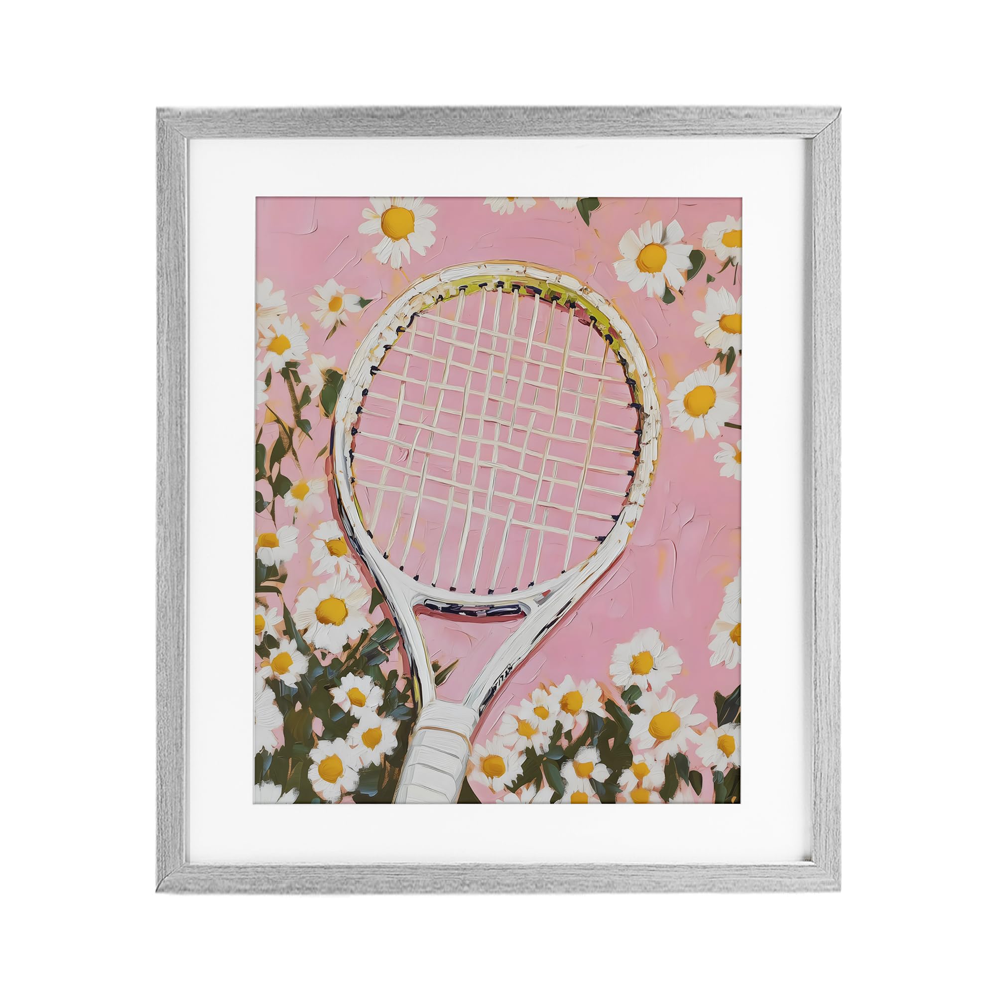 Stupell Industries 'Pink Tennis Racket & Daisies', Framed Print Under Glass, Gray, 13 x 16 Inches, Easy to Hang and Sturdy, Made in USA, by LSR Design Studio
