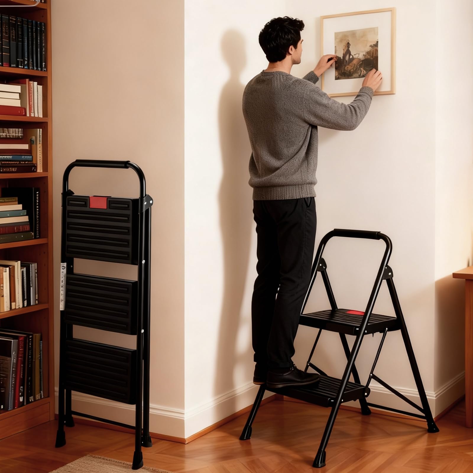 Sweetcrispy Trittleiter 3 Stufen klappbar, Klapptritt für Zuhause, stabile Anti-Rutsch-Leiter mit Handlauf, kompakte & leichte Klappleiter, bis 150 kg belastbar, ideal für Haushalt & Büro, Schwarz
