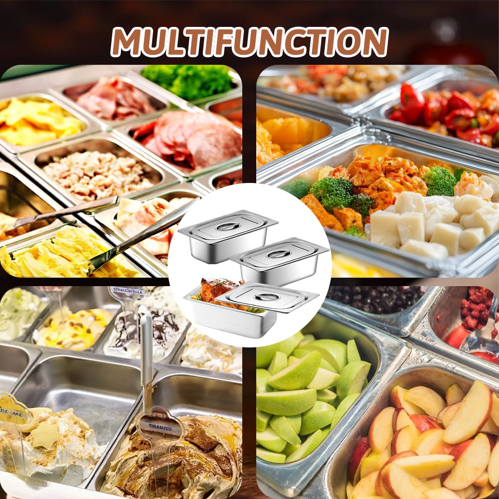 Juego de 3 cuencos para empanar, acero inoxidable 1/3 con tapa, juego de empanado para chuletas, recipientes resistentes al calor, para carne, pescado, metal, camino rectangular