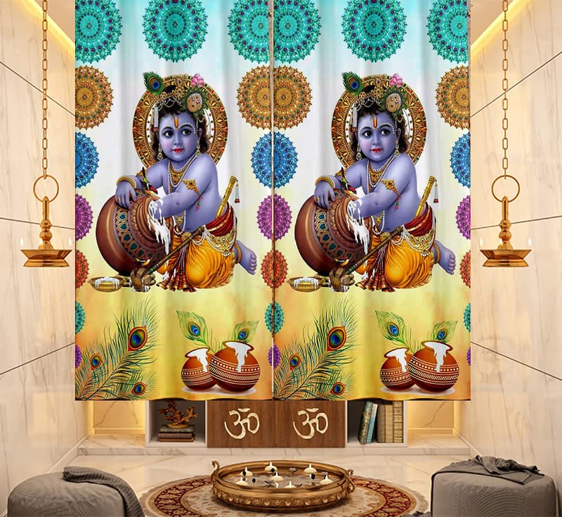 Image of 3D Digital Printed Heavy Fabric Bal Gopal Krishna God Design Curtains for Pooja Room /Temple /Home, 4x5 feet Set of 2 Pc