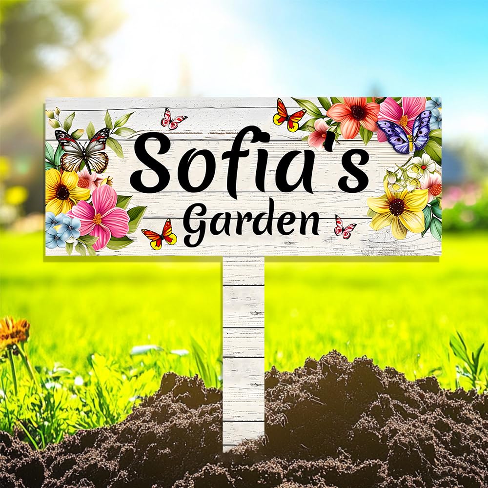Custom Butterfly Metal Sign Garden Art with Stake,Personalized Flowers Gardener Name Signs Outside Yard Decor,Customized Gardening Gifts for Birthday,Floral Welcome Plaque Decorate for Patio Lawn Farm