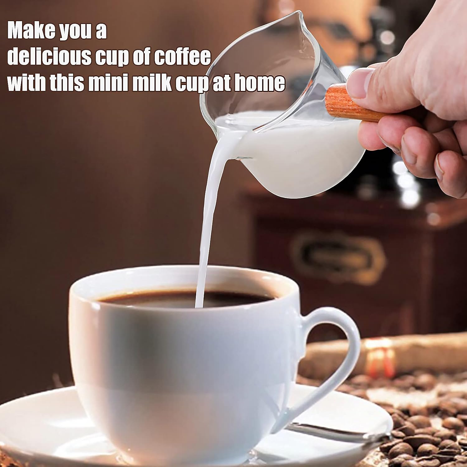 Double Spouts Measuring Cup with Wooden Handle Heat-Resistant Espresso Shot Glasses 3.5oz Mini Sauce Pitcher for Milk Coffee Tea Wine Cocktail: Home & Kitchen