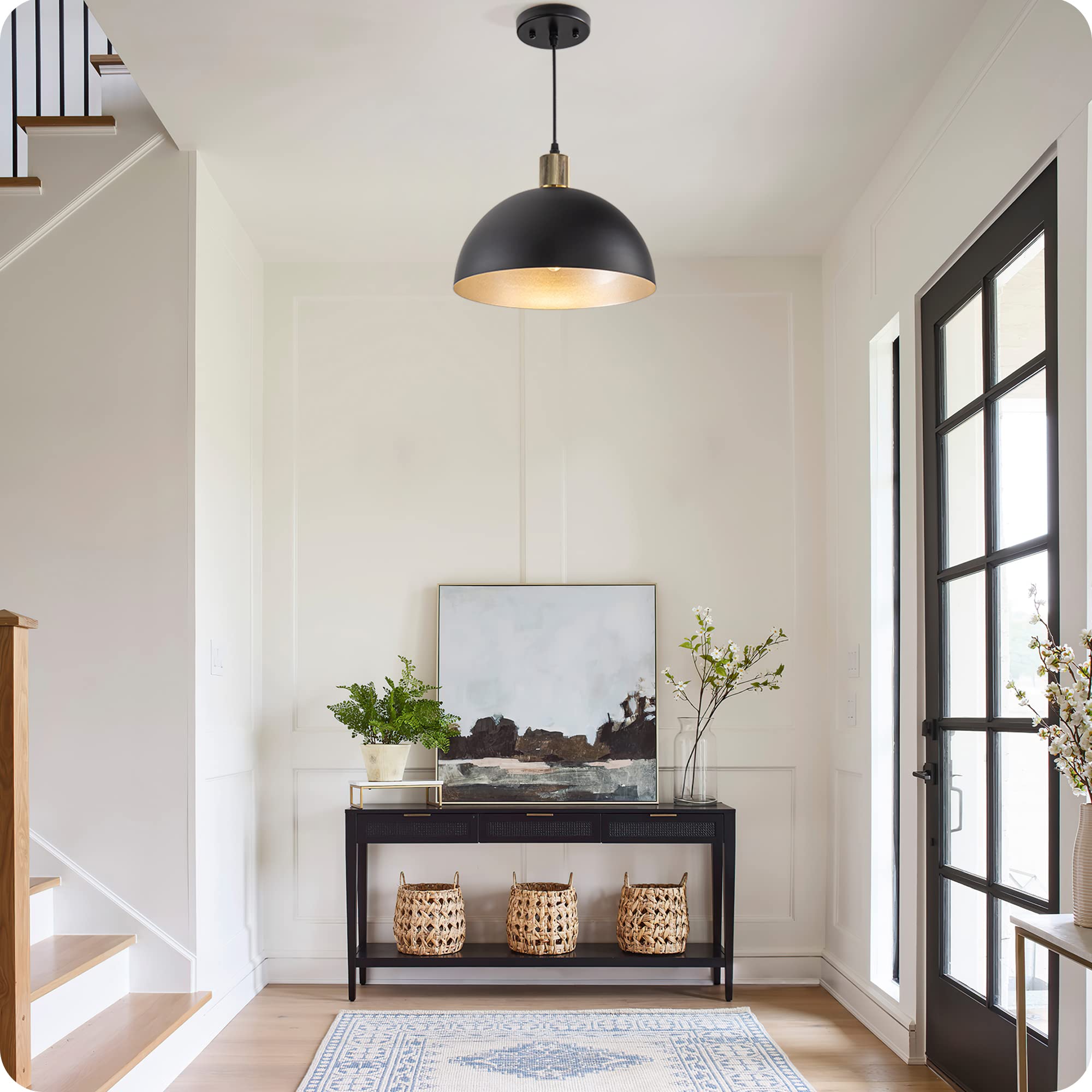 Karjearl Black Pendant Light Fixtures, 11.8" Modern Farmhouse Pendant Light Industrial Dome Hanging Lights for Kitchen Island Dining Room Hallway Stairs Entryway