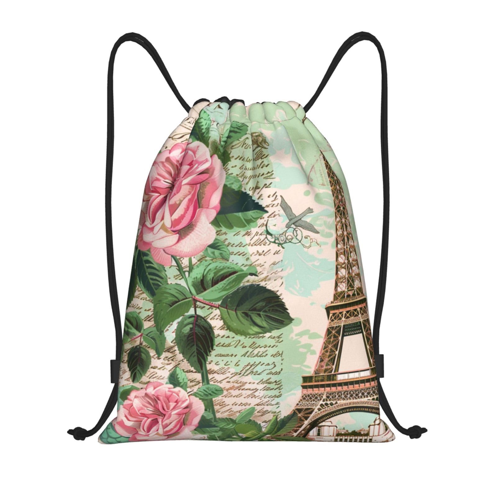Drawstring Gym Bag for Men/Women,Paris Eiffel Tower Vintage Flowers Print Decor Draw String Back Bag Sports Gym Beach Swim Backpack