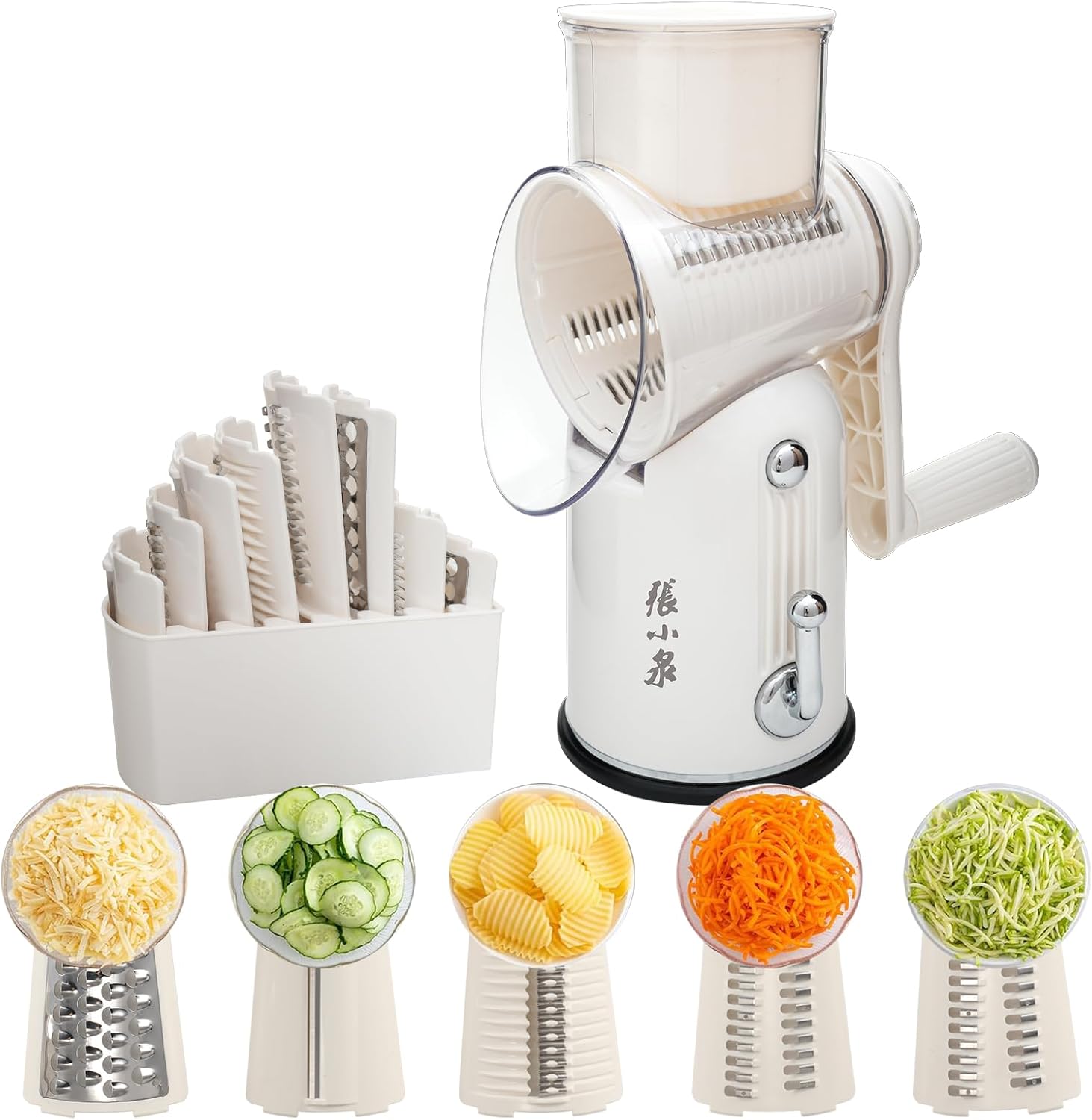 ZHANG XIAO QUAN SINCE 1628 5-in-1 Rotary Cheese Grater Hand Crank, Tumbling Box Mandoline Vegetable Julienne Slicer Cutter Nut Chopper Slicer with Anti-Slip Base, Blade Storage