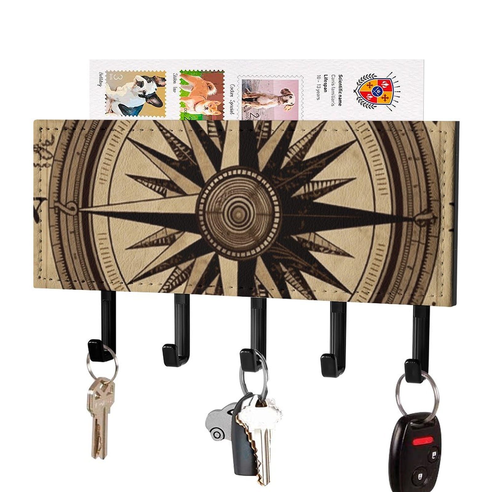 DWVTSLH Compass Wind Road Map Key Holder for Wall, Decorative Key Hooks with Mail Organizer & 5 Hooks, Self Adhesive Leather Key Hanger for Entryway, Wall Mounted Key Rack (7.1” X 4.3” X 0.9”)