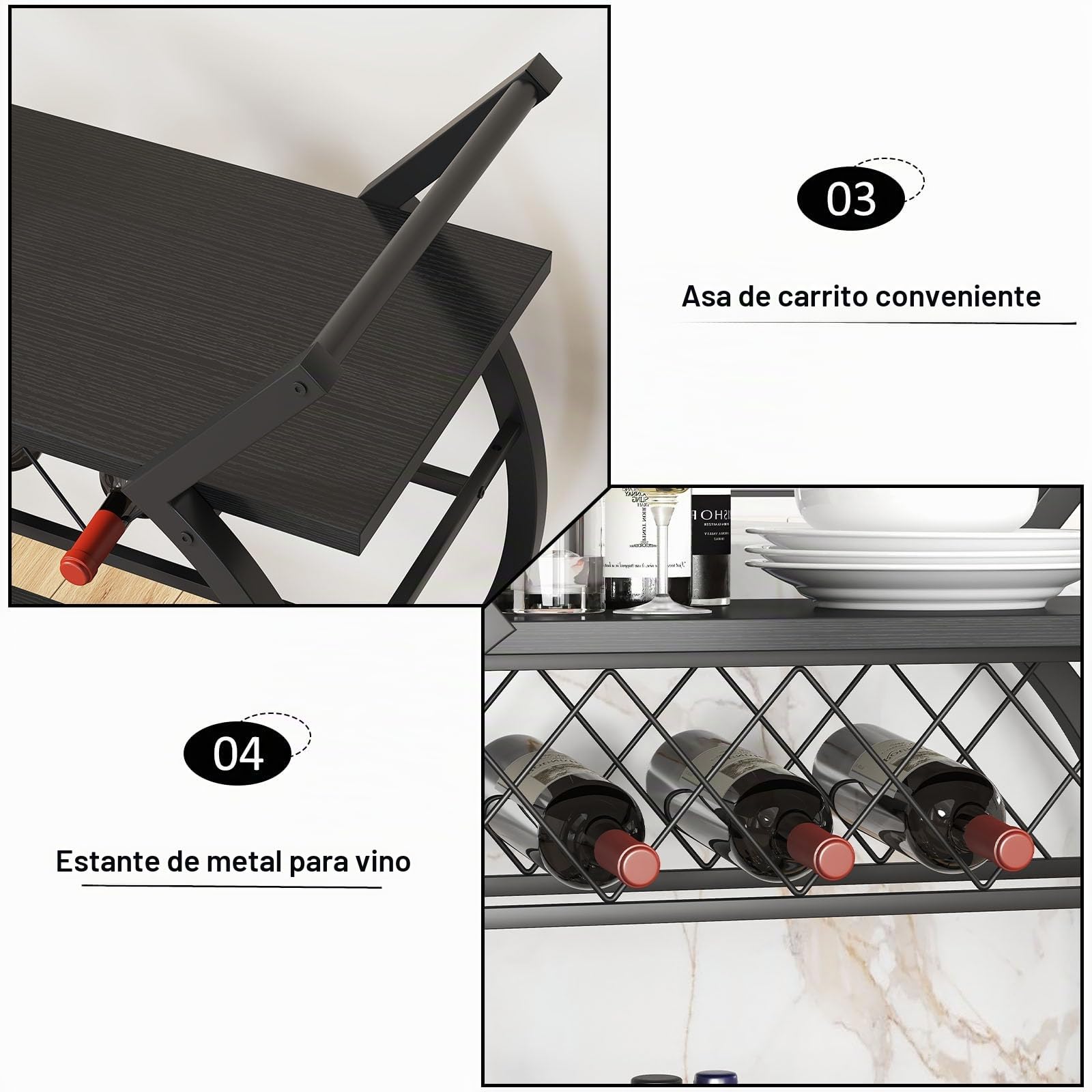 LVB Carrito Bar Negro, Carrito para Bebidas Moderno, con Ruedas, Madera y Metal, Estante Incluido, Cocina o Comedor