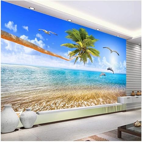 Amazon Xbwy 装飾壁画 カスタム3d壁画壁画美しい海の景色ココナッツイルカ自然風景写真壁紙リビングルームテレビソファ背景 350x250cm 壁紙