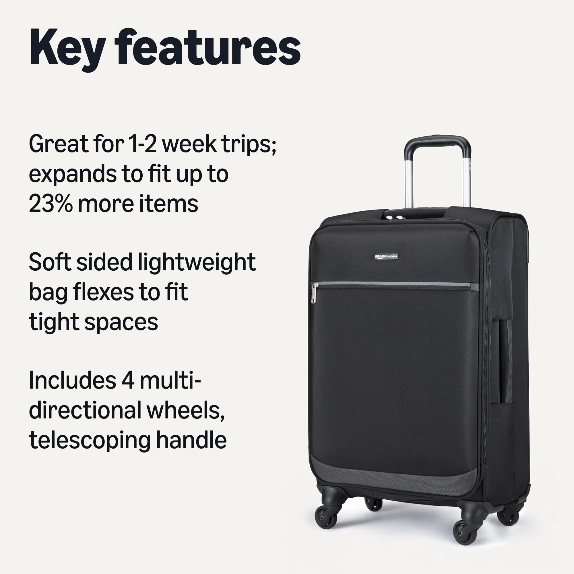 Amazon Basics Luggage, 23" Medium Checked Softside Suitcase With Wheels, With Four 360-Degree Multi-directional Spinner Wheels, Expandable Space, Zippered Pocket and Straps, Telescopic Handle, Black