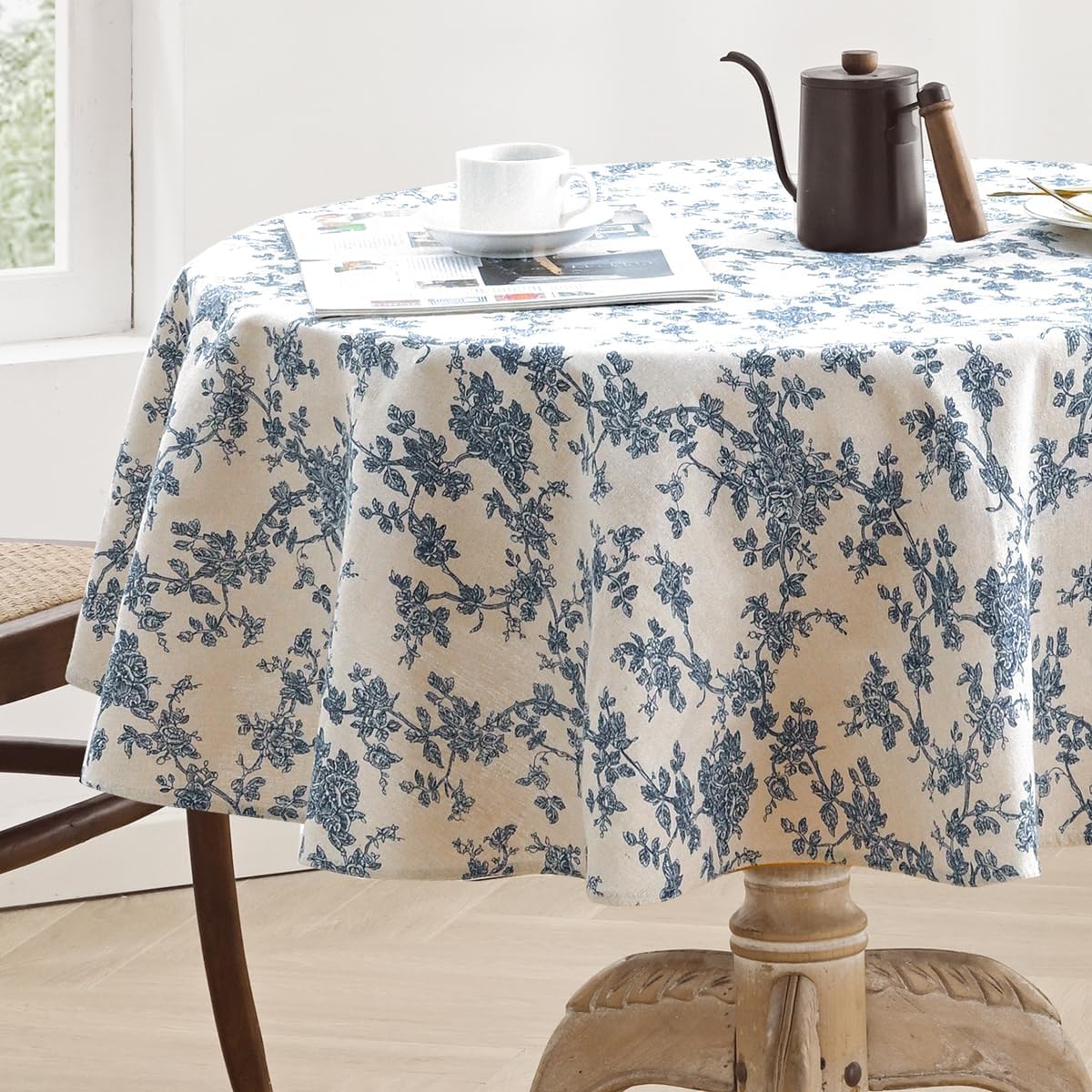 Aoztio Cotton Linen Round Tablecloth - Pastoral Floral Tablecloth Washable Table Cloth for Kitchen Dining Room Table Cover for Party Dinner, Picnic (Blue Floral, Round 55")