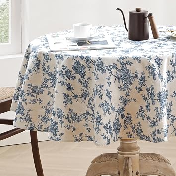 140cm Rustic Floral Print Round Tablecloth, Machine-Washable Cotton Linen Table Cloth, Linen-Style Tablecloths for Kitchen, Dining Table Decoration Round 140cm, Blue Floral