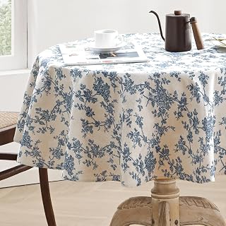 Cotton Linen Round Tablecloth - Pastoral Floral Tablecloth Washable Table Cloth for Kitchen Dining Room Table Cover for Party Dinner, Picnic (Blue Floral, Round 55")