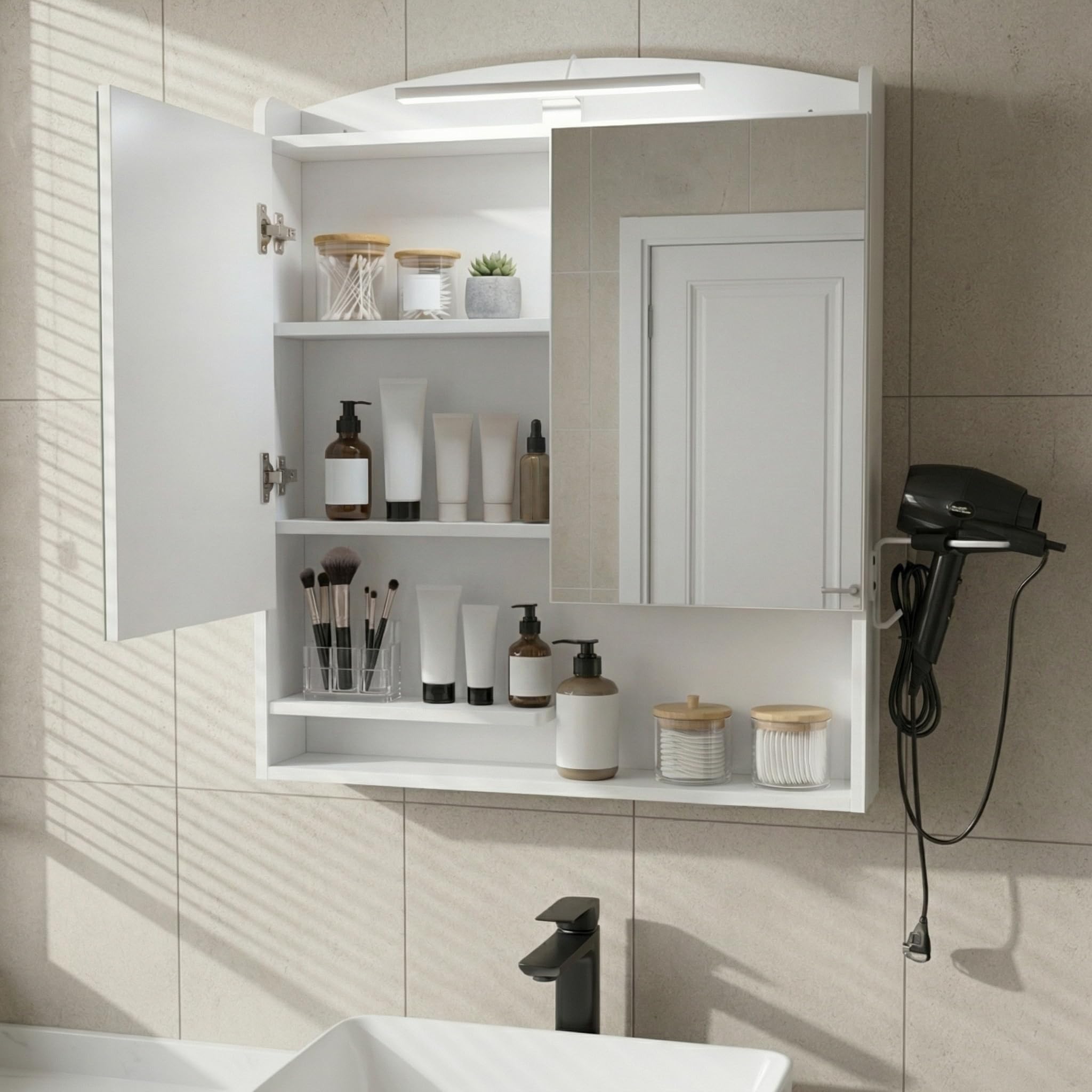 Armario de baño con Espejo e iluminación, 60 cm de Ancho, con enchufes, Ganchos y Soporte para secador de Pelo, Blanco, 60 x 15 x 64,2 cm