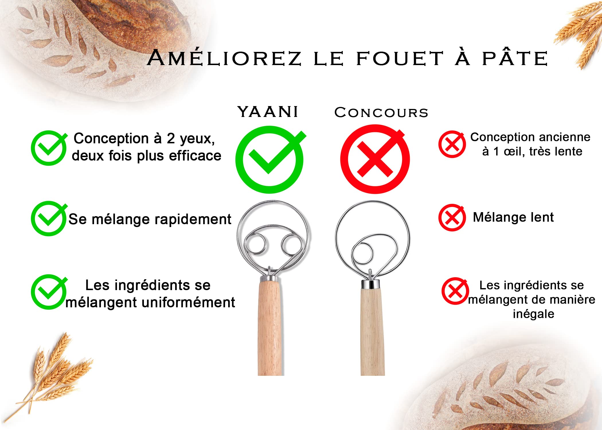 YAANI Lot de 2 paniers à pain ronds de 22 cm et 25 cm ovales pour banneton, corbeille à pain + manche en bois et racleur à pâte avec 5 lames + racleur à pâte en plastique +pour pain à levain