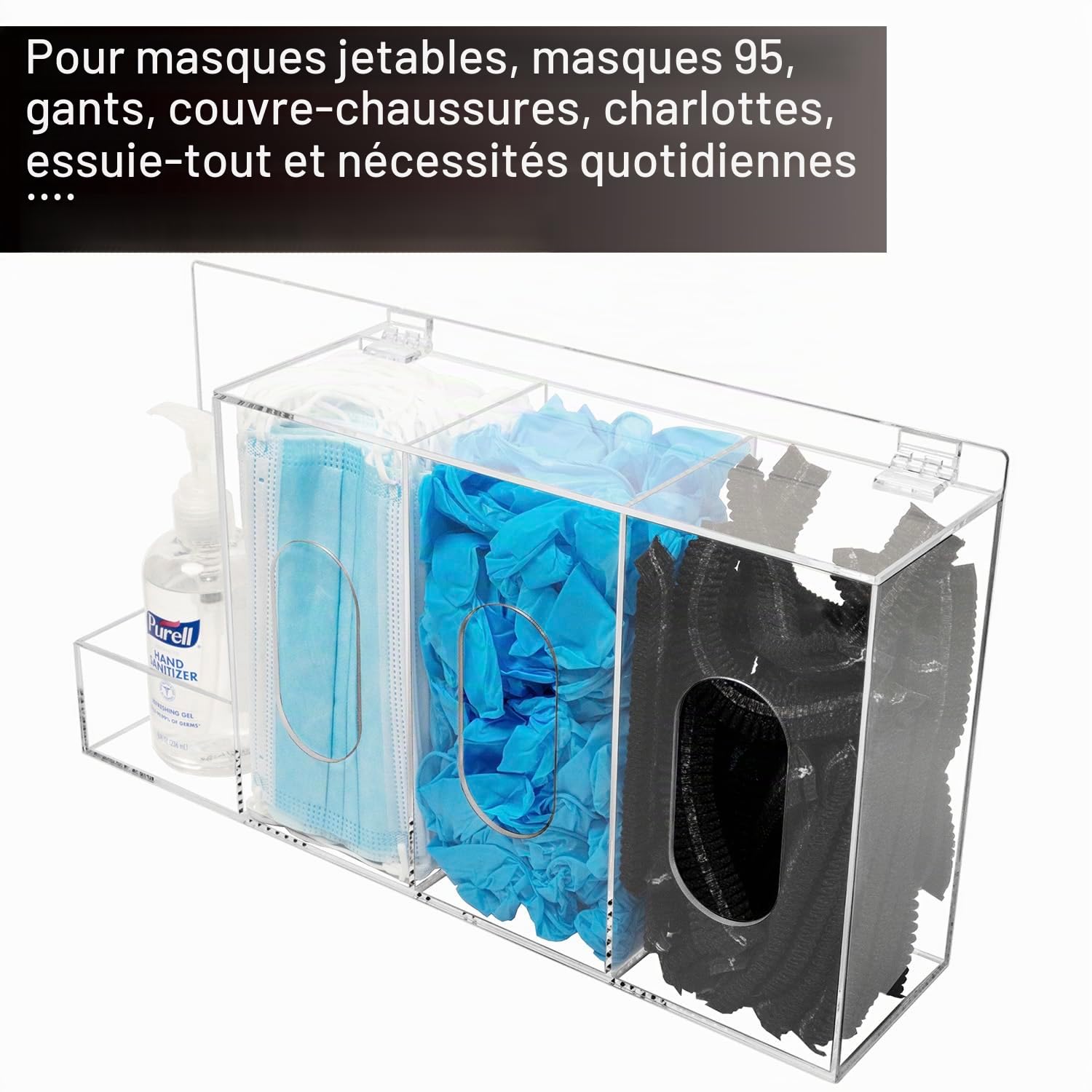 SEANADO Station d’Hygiène Murale en Acrylique – Distributeur de Gel Hydroalcoolique & Gants Jetables avec Couvercle, 4 Compartiments pour Masques, Charlottes & Surchaussures