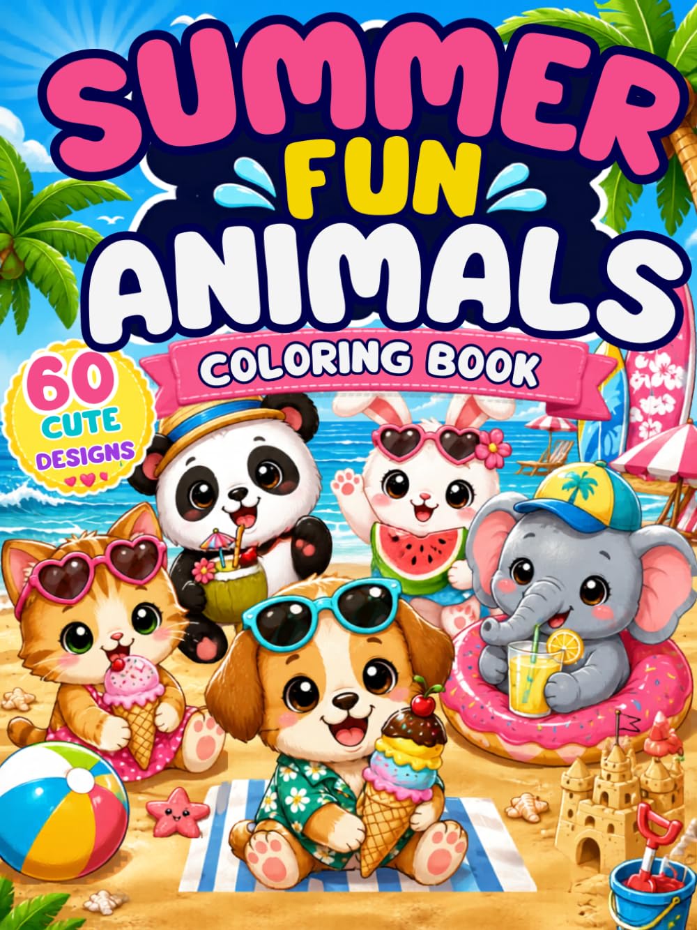 Summer Fun Animals Coloring Book: 60 Cute Beach Adventures, Surfing Friends, Ice Cream Treats and Sunny Vacation Scenes for Kids Ages 4-8