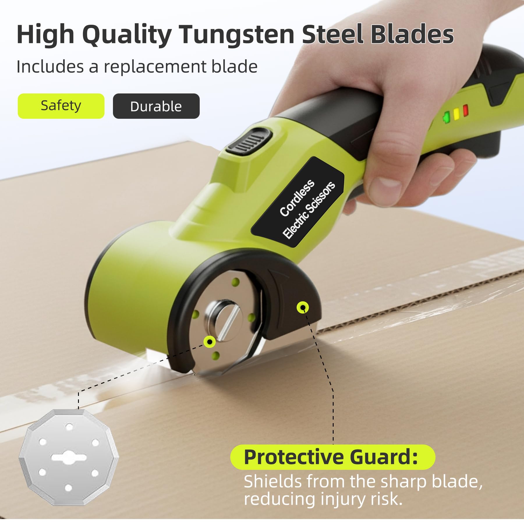 Taglierina elettrica senza fili, 4 V, ricaricabile, con 2 lame rotanti, cavo USB, custodia, blocco di sicurezza e luce LED, per cartone, tessuto, plastica, pelle, tappeti, imballaggio, fai da te
