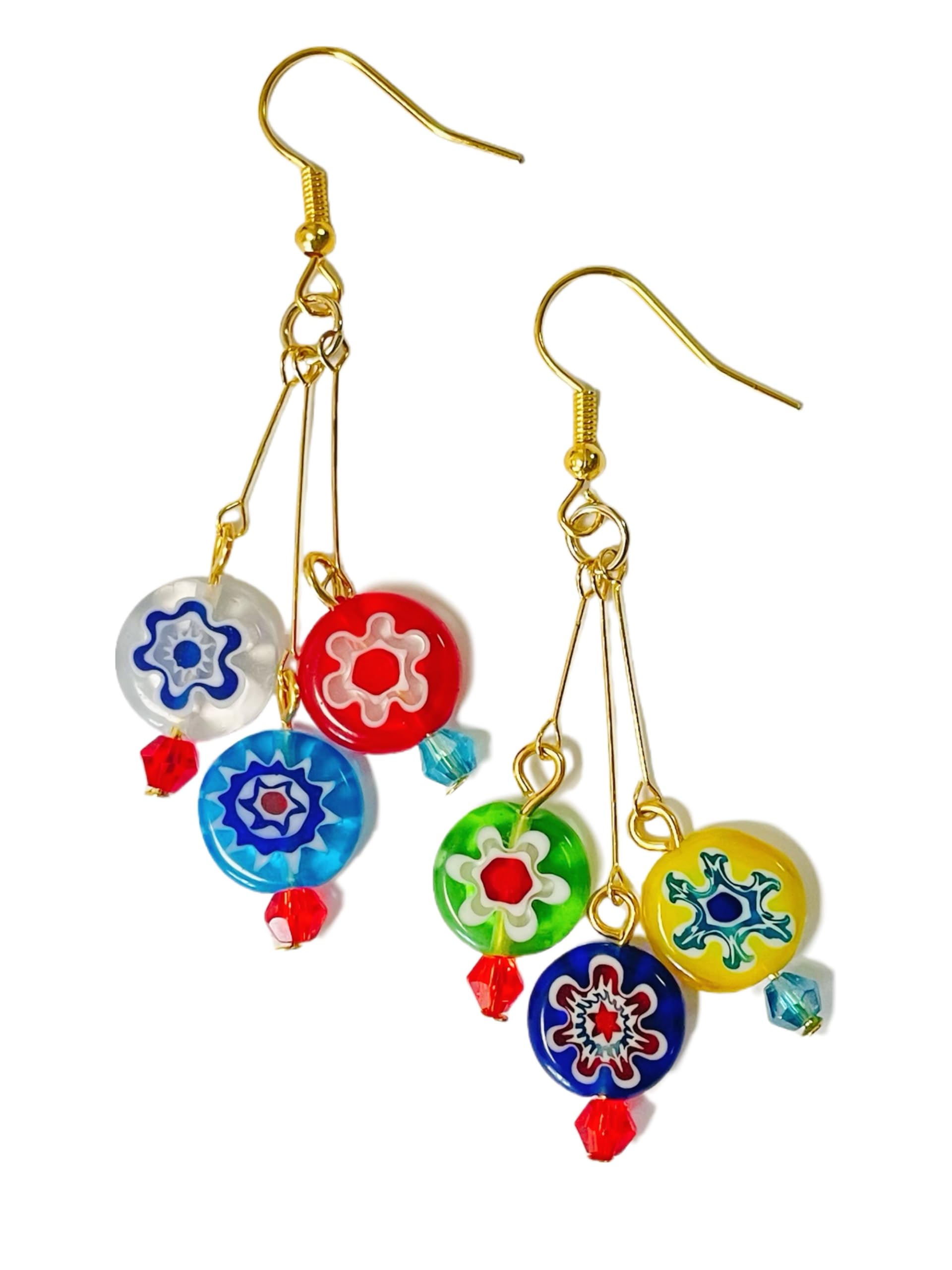 Photo 1 of ***missing 3/6 beads**Murano Style Glass Earrings, Colorful Millefiori Beads Drop Dangle Earrings, 18k Gold Plated Multicolor Glass Jewelry, Trendy Gifts for Women Girls (Big Floral)