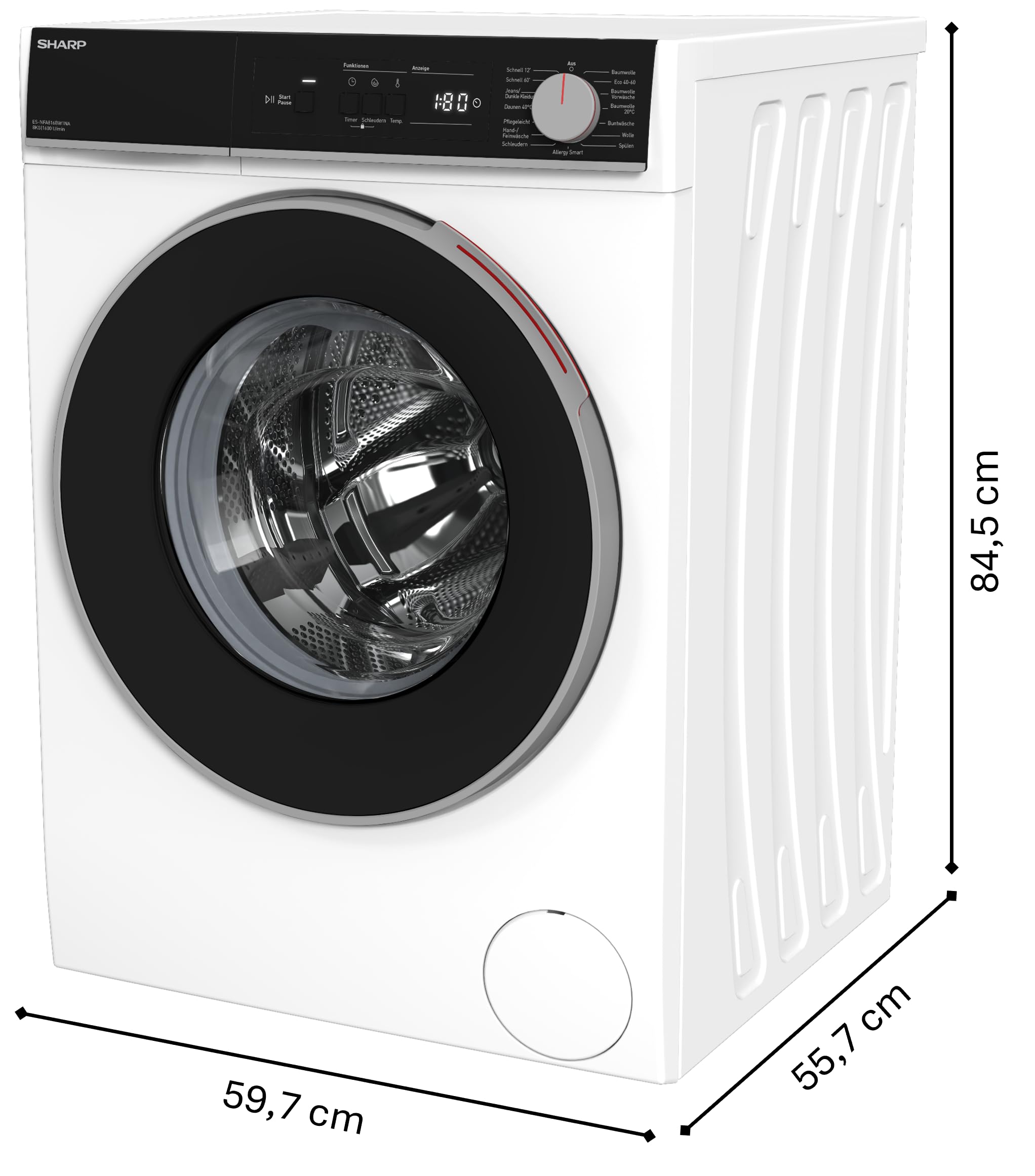 SHARP ES-NFA816BW1NA-DE Waschmaschine (8 kg, EEK A, 1600 U/min.), (Inverter Motor, AquaStop), Weiß