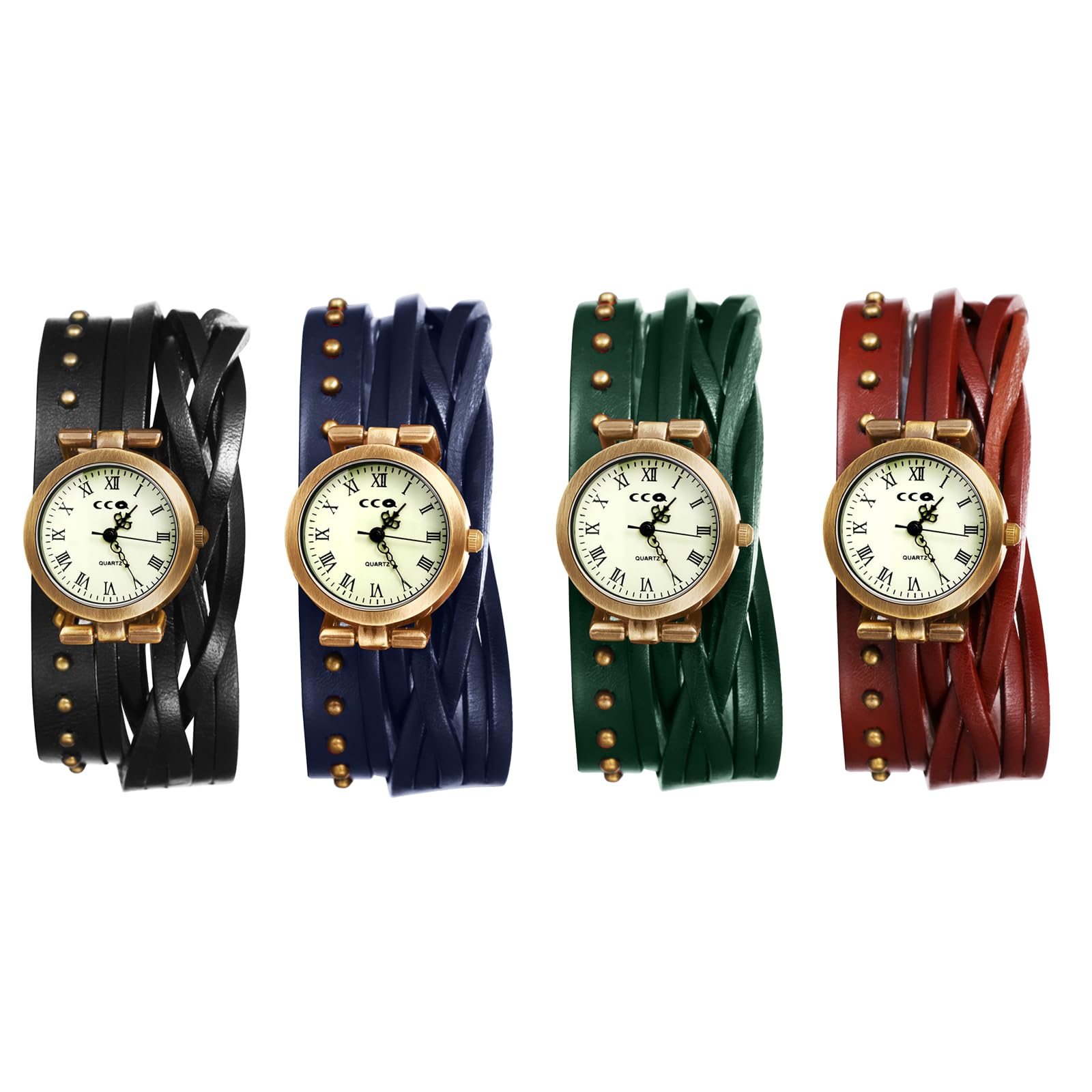 JewelryWe Damski zegarek zawijany pasek skórzany zegarek: 4 sztuki vintage analogowy kwarcowy zegarek na rękę damski prawdziwa skóra pleciona bransoletka na Halloween Punk nity zegarek z cyframi