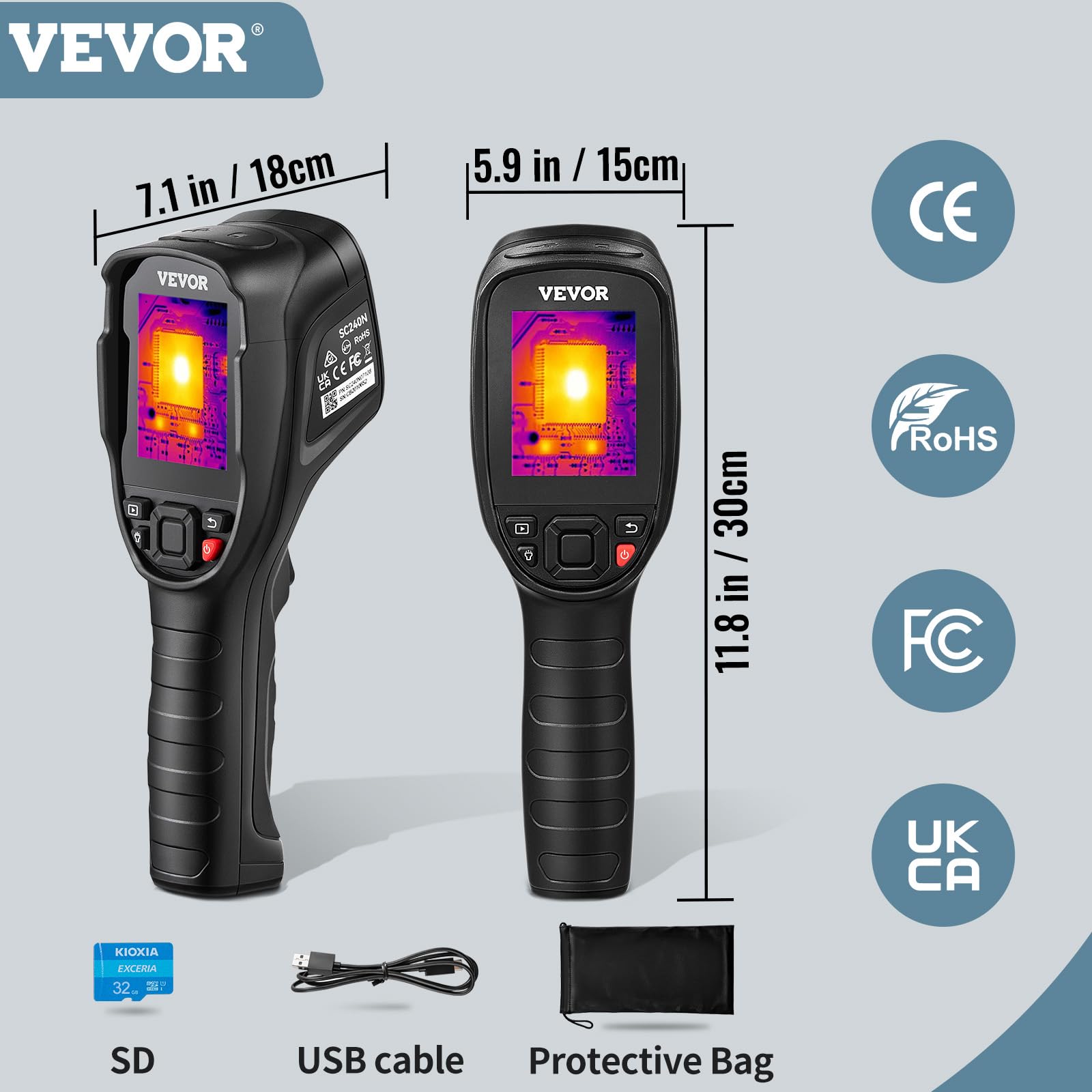 VEVOR Macchinetta Termocamera a Infrarossi Portatile Risoluzione IR da 240 x 180 Pixel Sensibilità Termica 40 mK, Termocamera Corporea Infrarossi Portatile con Scheda SD 16 GB Temperatura -20℃ a 350℃