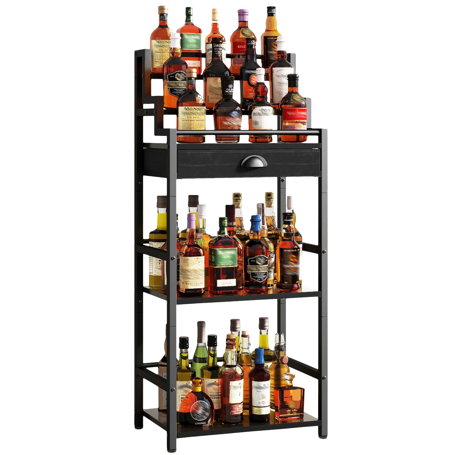 IBUYKE Stufen Weinregal, Freistehend, Weinschrank mit Schublade und Ausstellungsregal für Whisky, Trapezförmiges Flaschenhalter für Bar, Wohnzimmer, Esszimmer,Schwarz TMJ915B