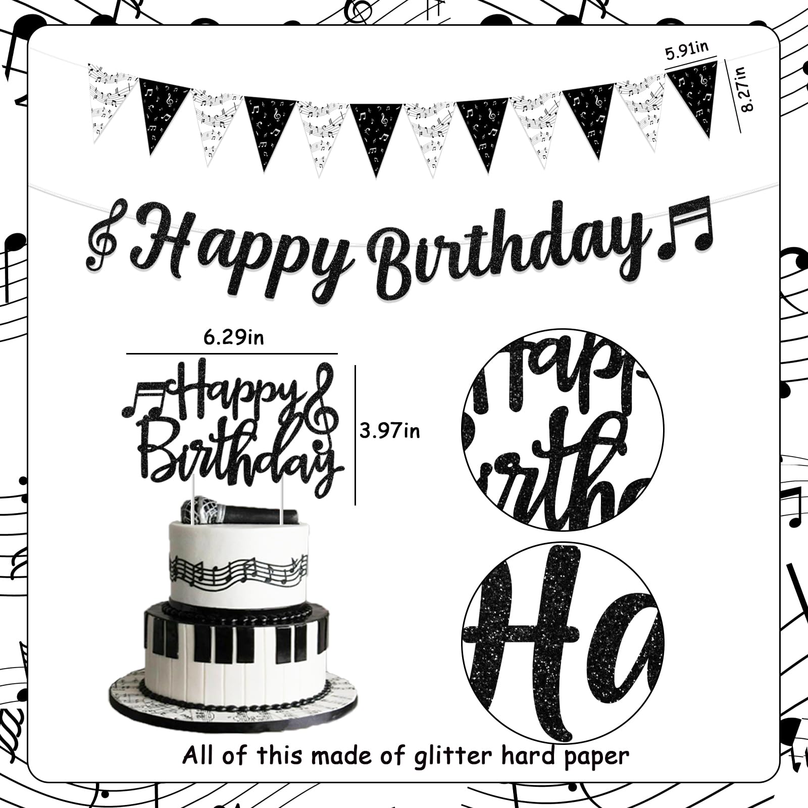 EPCDBBRT 8 decorazioni per torte musicali, 1 bandiera a forma di nota musicale, decorazione per torta di cortesia, note musicali per cupcake, decorazioni per feste musicali di compleanno