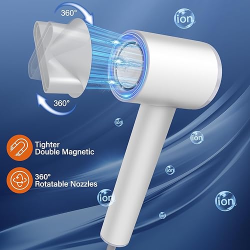 Miniatura 5 de Secador de pelo con difusor, 110000RPM de alta velocidad profesional para secado rápido, iónico con boquilla magnética y pantalla LED, portátil para
