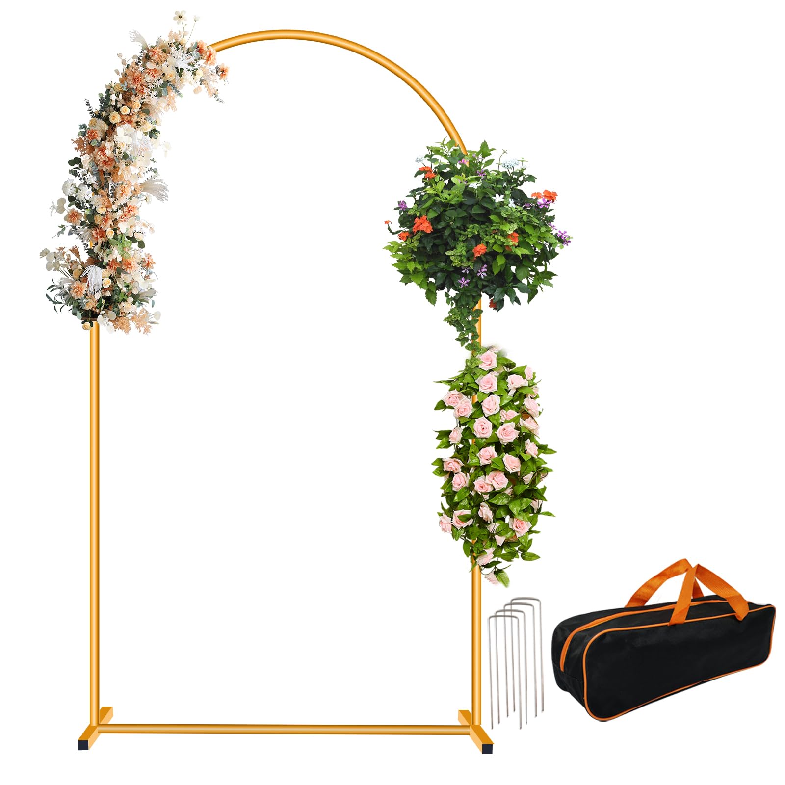metal arch backdrop stand set- heavy duty rust-proof wedding decoration frame with crossbar base - easy assembly for party, photo booth, balloon & flowers decor (gold, 6.6ft)