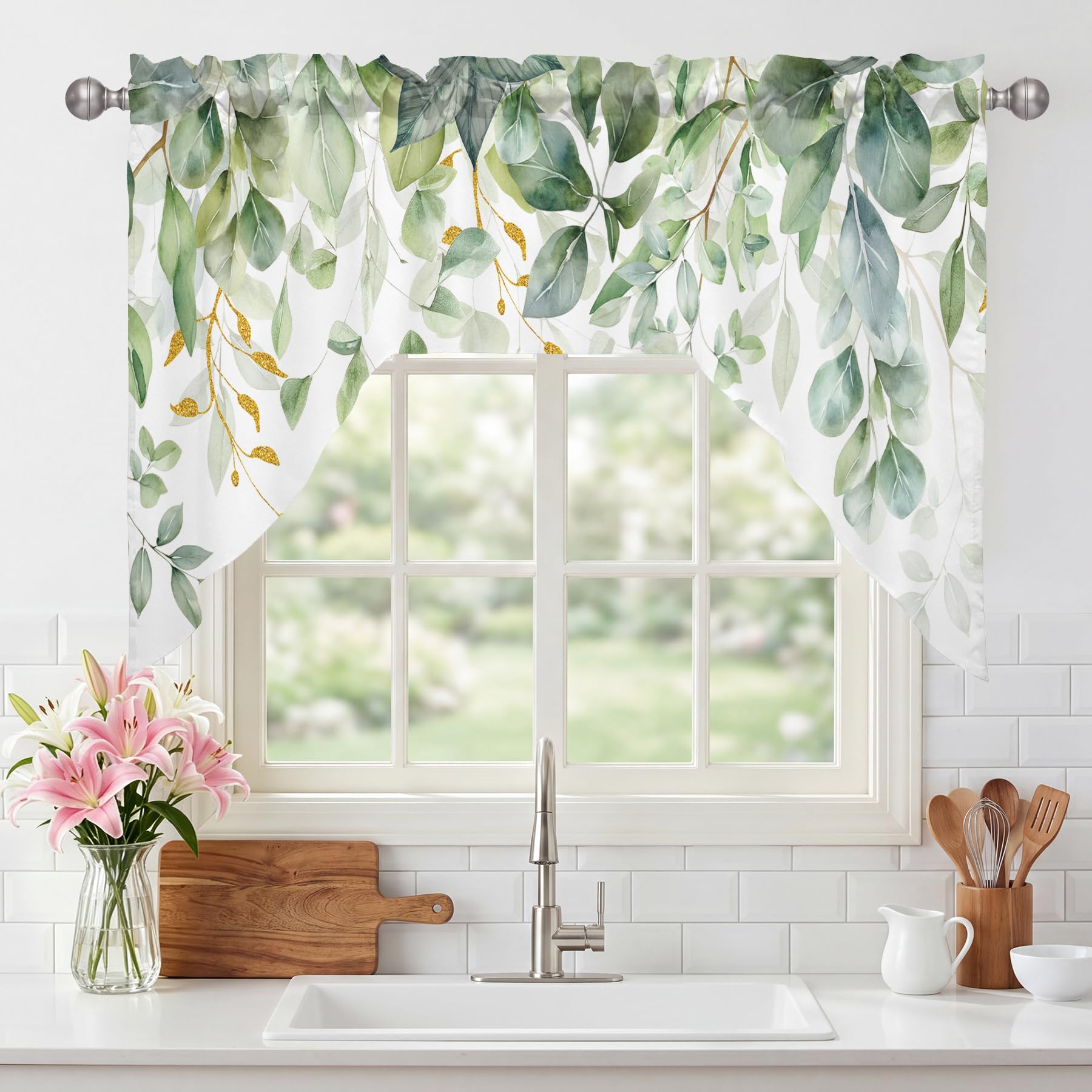 Spring Wildflower Green Leaves Swag Valances for Windows, 36x56 in