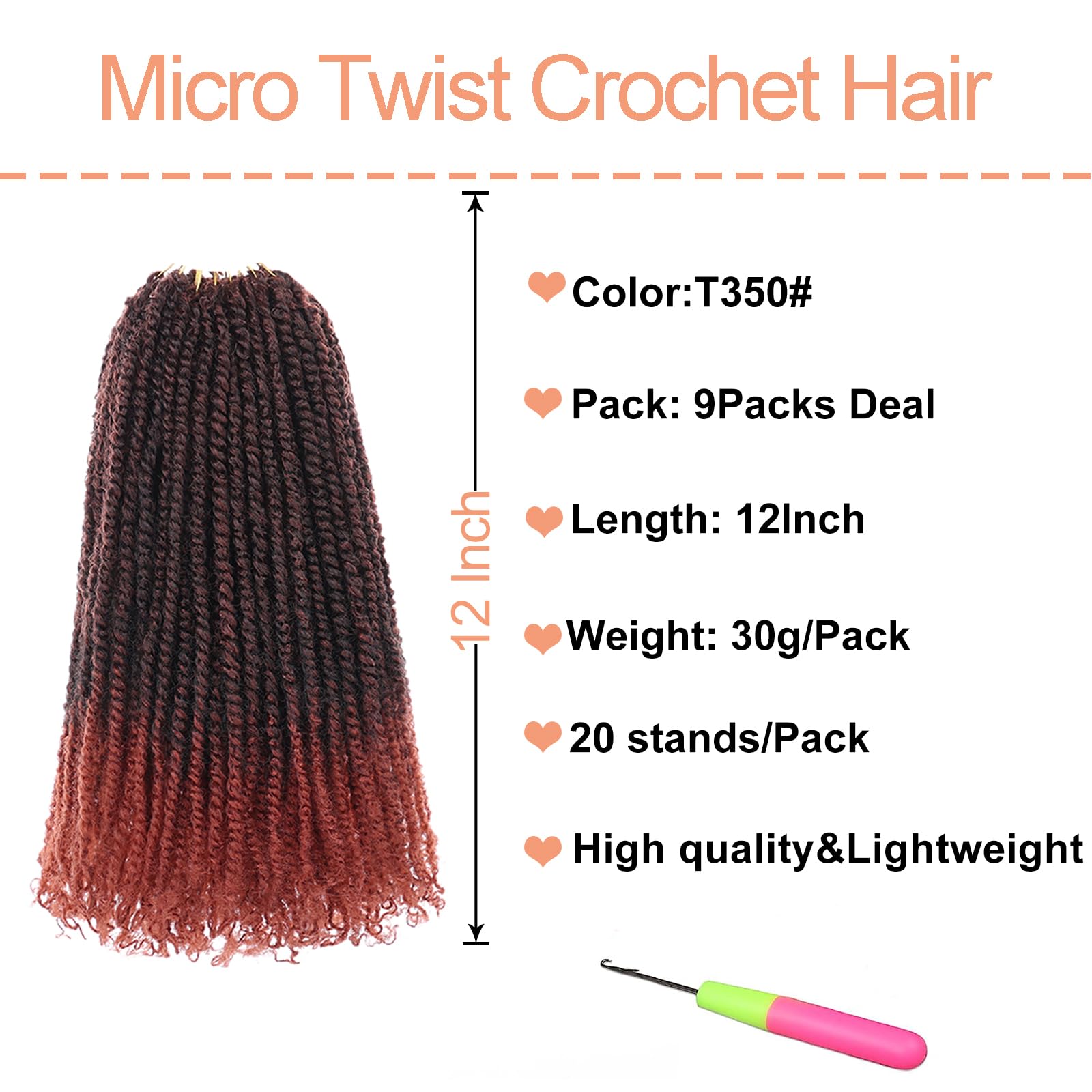 Mscat 12 Inch 9Packs Micro Twist Crochet Hair Bob Crochet Braids Pre looped Ombre Red Mini Passion Twist Mini Senegalese Twist Crochet Hair Micro Braids Crochet Hair Extensions T350# - Image 2