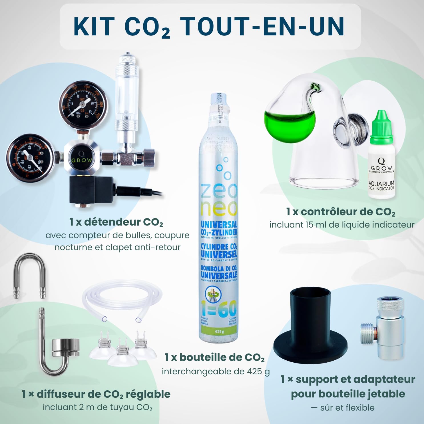 Q-Grow Kit Complet de système CO₂ pour Aquarium – Simple et Universel – INCL. diffuseur en Acier Inoxydable, Test Permanent, détendeur, Bouteille de CO₂ 425 g, Jusqu’à 1000 L