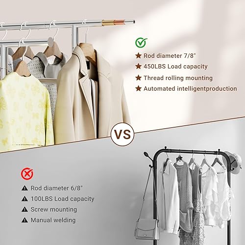 Miniatura 4 de TigerParty Perchero de doble barra para colgar ropa, perchero resistente de acero inoxidable resistente, perchero con ruedas para dormitorio,