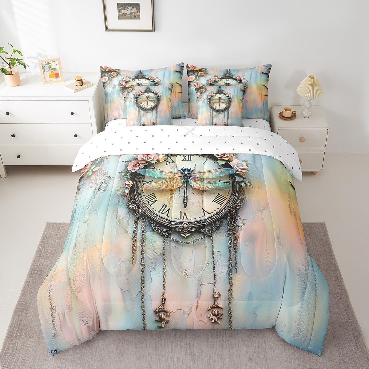 Erosebridal Dragonflies Clocks Full Comforter Set 7-Piece, Petals Metallic Ombre Bedding Sets & Collections, Wreath Modern Bed Set, Pink Blue Extoic Bed Sheets Set for Adults Teens