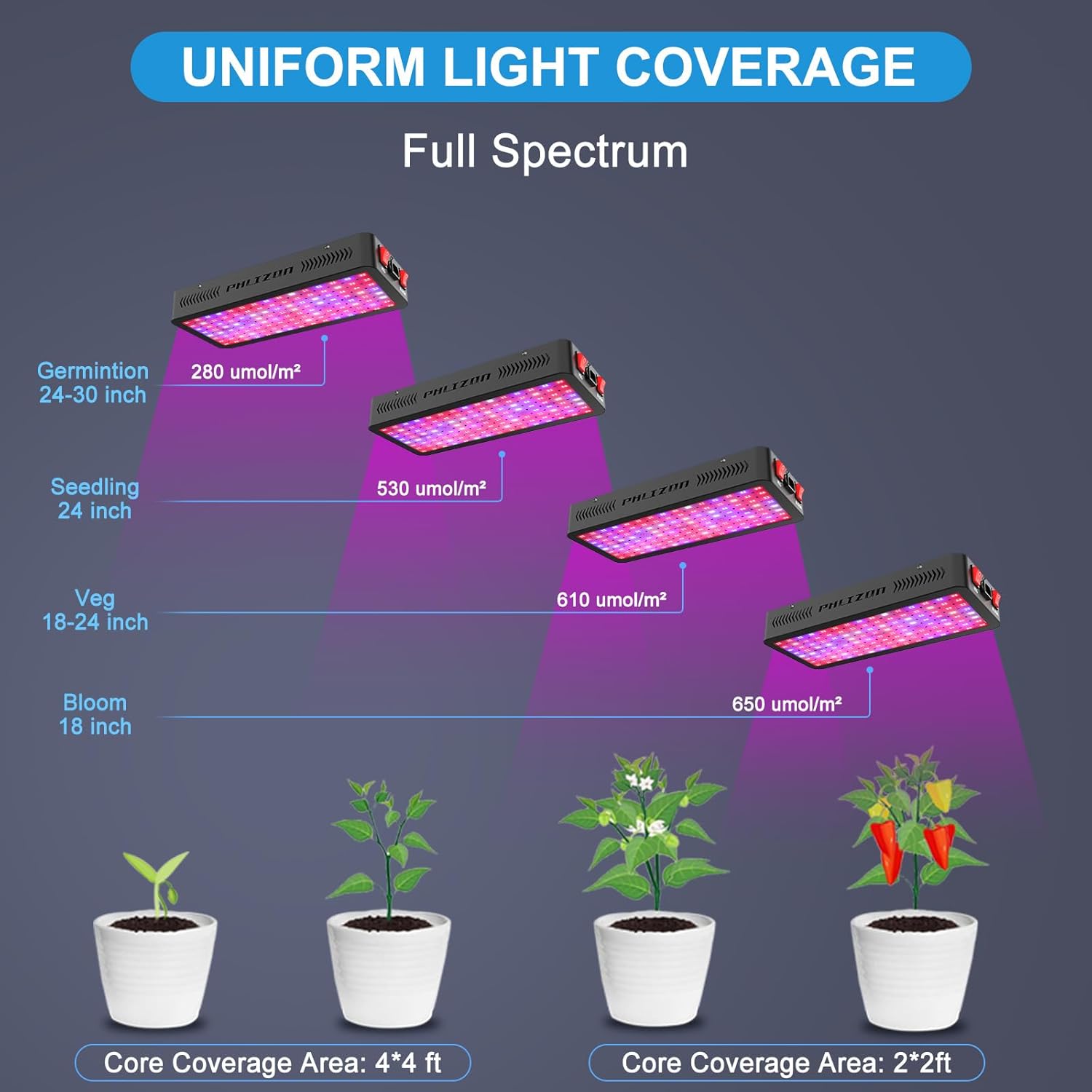 Diagram showing the uniform light coverage and core coverage area for the Phlizon grow light.
