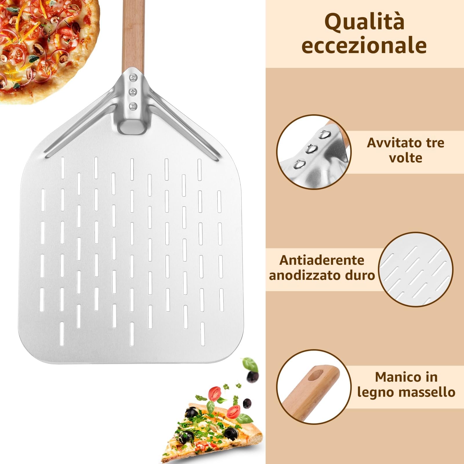 Pala per pizza 40 x 30 cm, con grande superficie e manico rimovibile