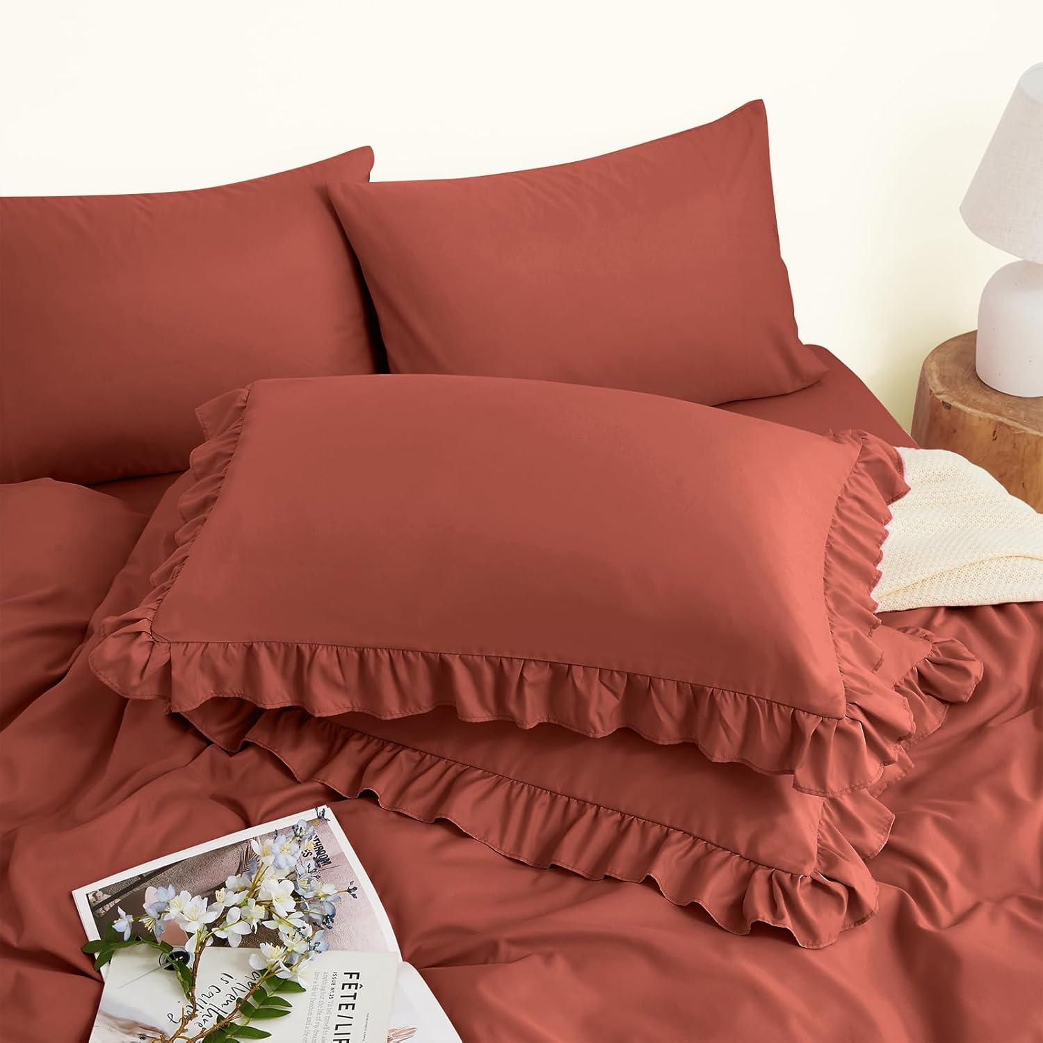 Horbaunal Terracotta Ruffle Sheets King Size 6 Piece, Fits 16" Deep Mattress, Microfiber Rust King Sheets with 2 Ruffled Pillowcases, Shabby Chic King Bed Sheet Set