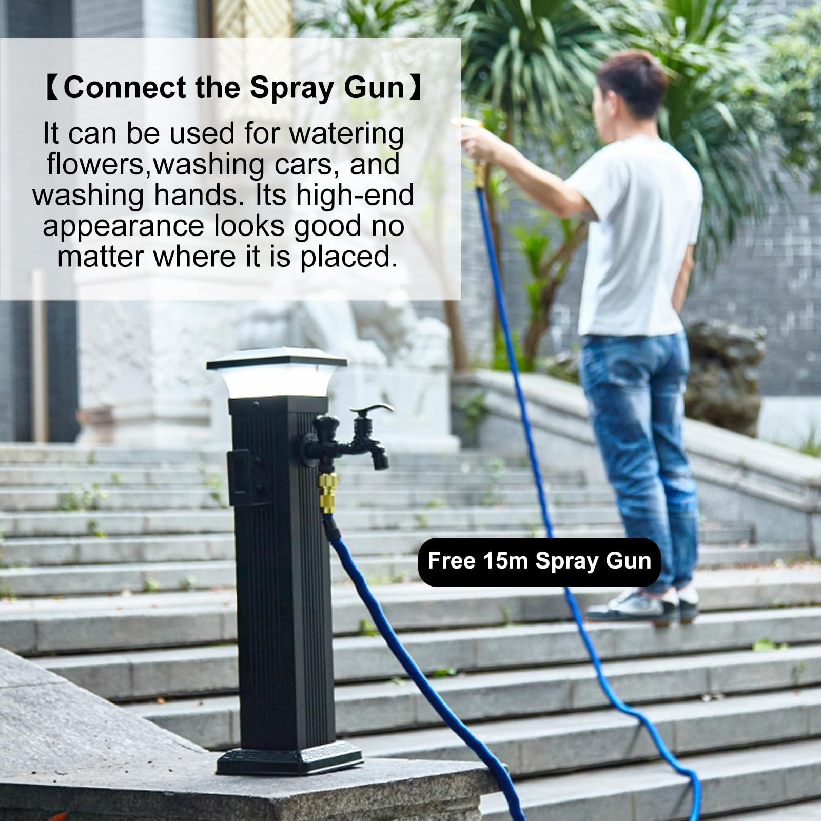 Fontana solare per giardino, elemento decorativo per esterni con rubinetto antigelo, colonna d'acqua solare per cortile e patio