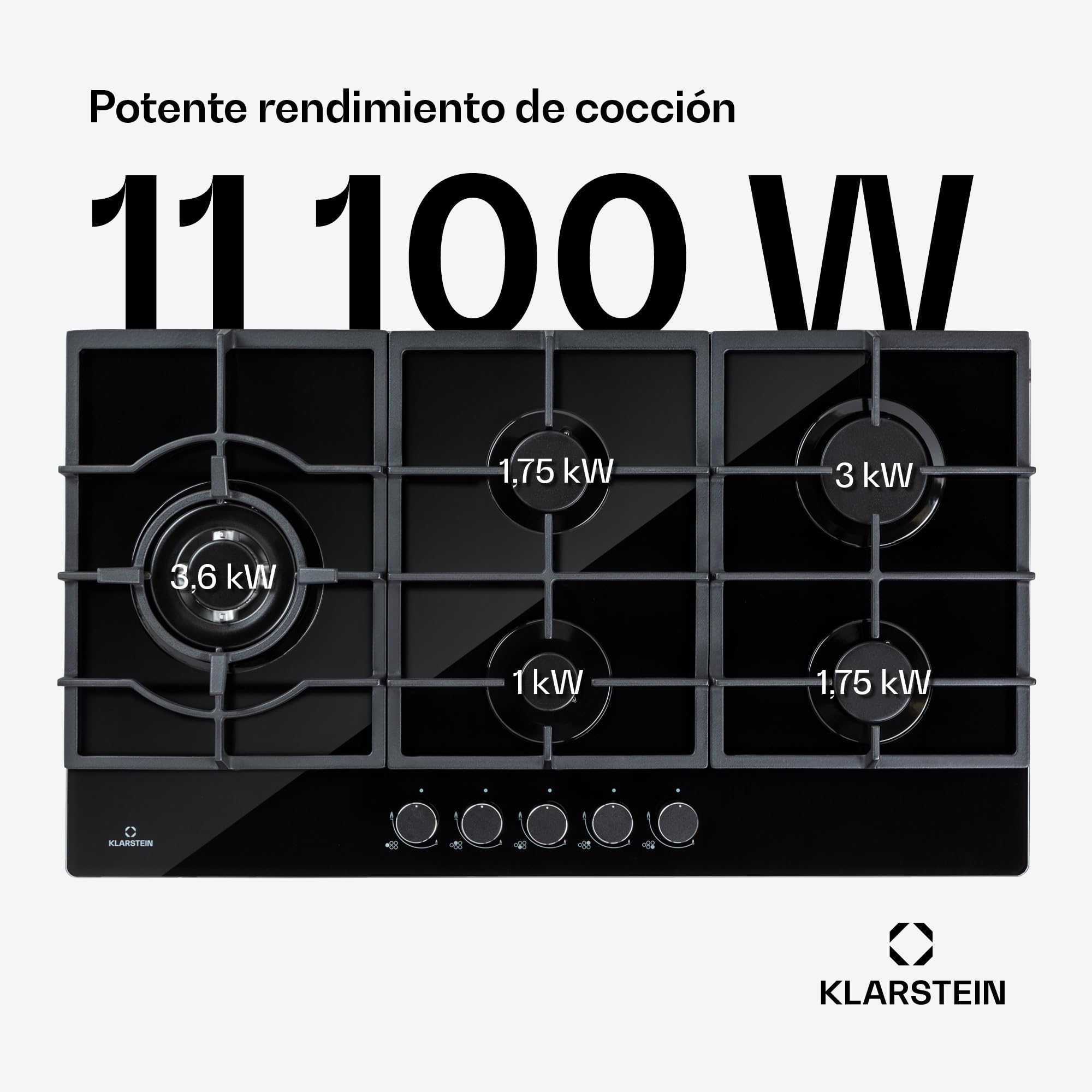 Klarstein Cocina de Gas Butano, 5 Fuegos Placa de Gas para Encimera Cocina, Potencia de 11100W, Placa Butano Integrada Acero y Cristal Cerámico, Fogones para Cocinas, Encimera de 5 Anillos GPL