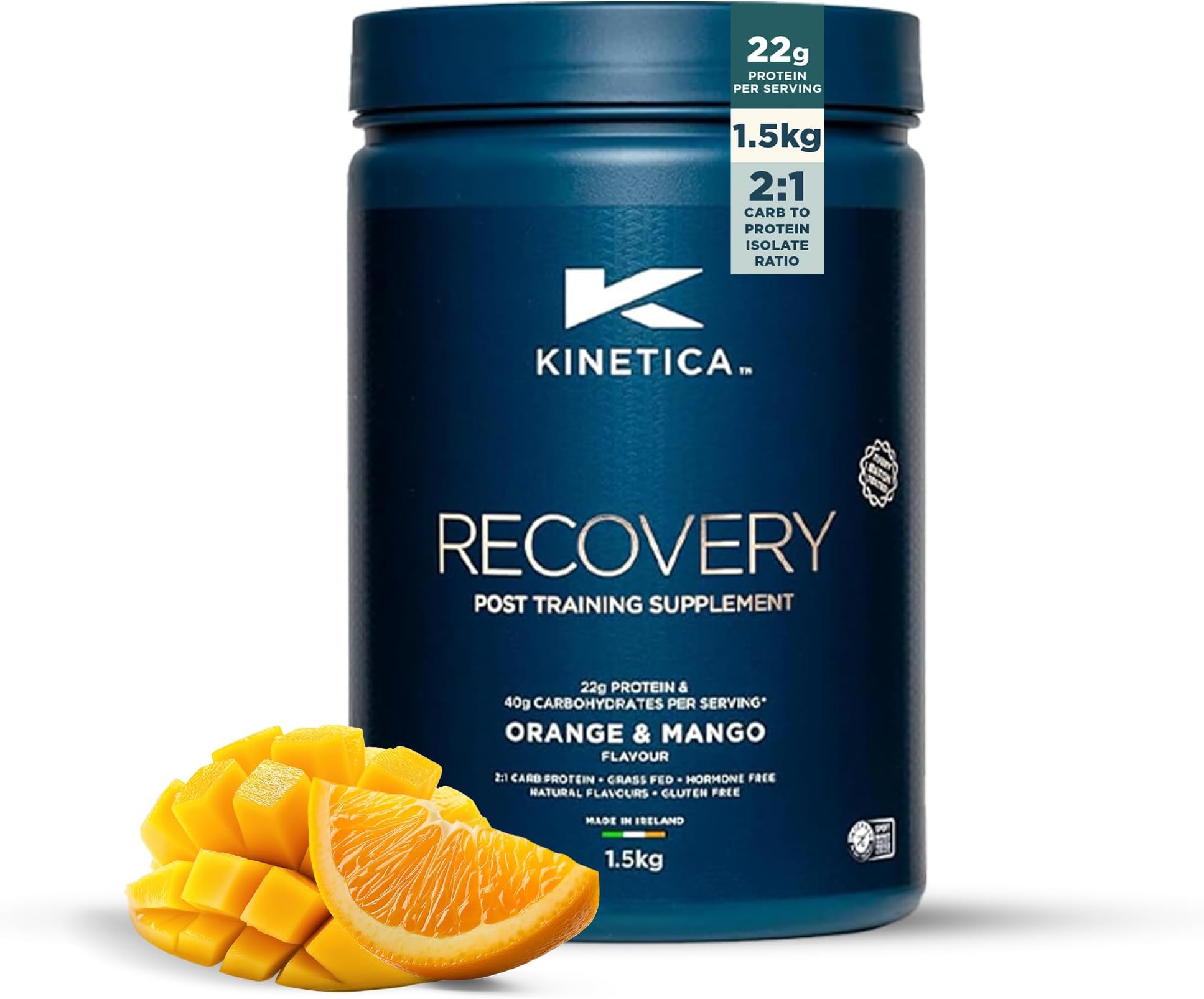 Sports Recovery Powder - Orange & Mango Flavour | 20 Servings/1.5kg | 2:1 Carbohydrates to Protein Isolate Ratio | Gluten-Free Post Workout Drink | Muscle Repair & Energy Store Replenisher