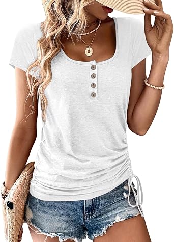 Womens T Shirts Short Sleeve U Neck Tops, T Shirts for Women 2025, Summer Tops Trendy Loose Soft Casual Henley Tee