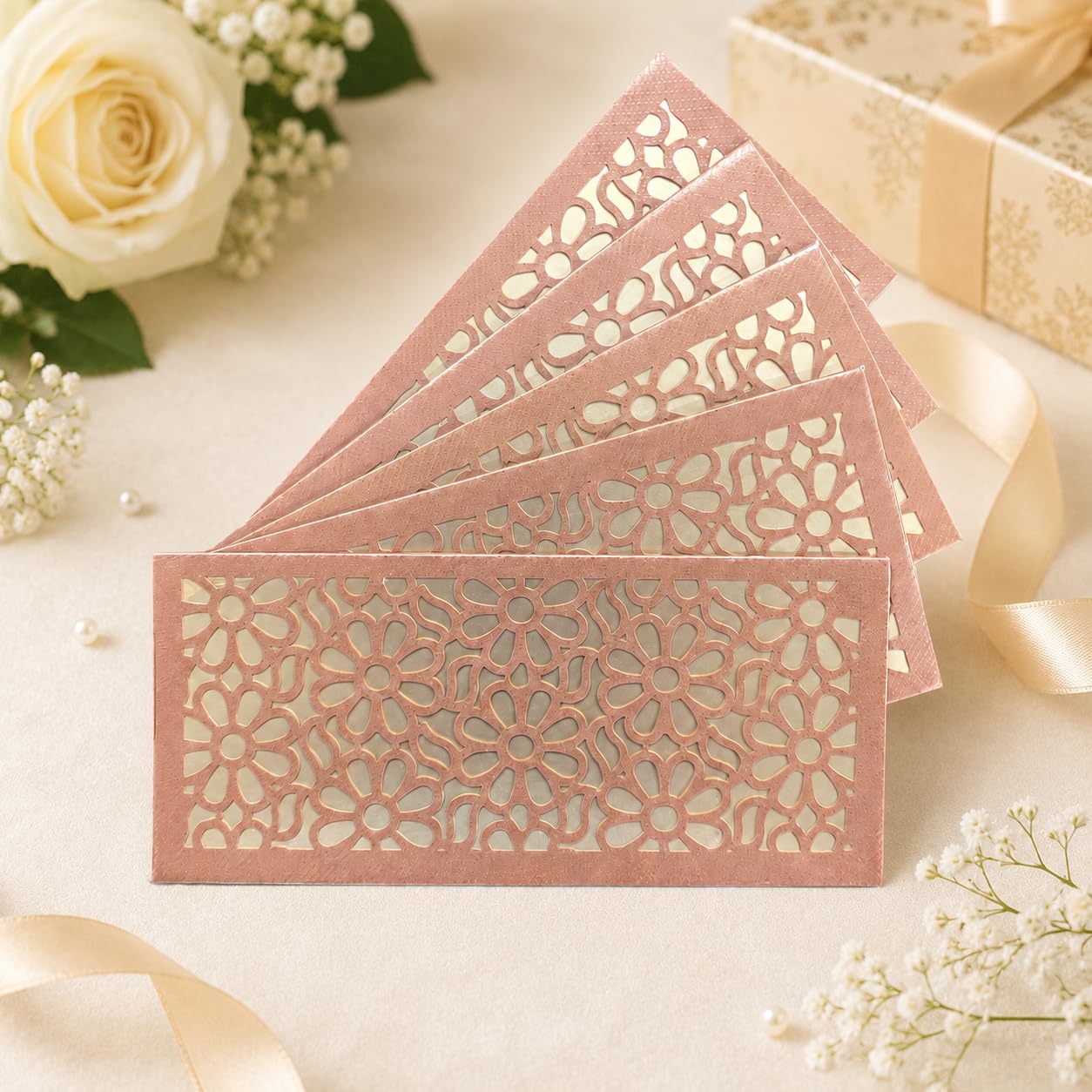 Premium Shagun Envelopes Lifafa for Gifting. Money Cover | Cash Envelopes for Weddings, Birthdays, Festivals & Special Occasions, 18x8 cm (Copper & Golden Floral Design - Pack of 10)-image-7
