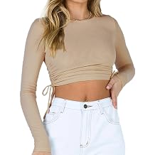 Womens Ribbed Knit T Shirt Drawstring Side Ruch Long Sleeve Slim Crop top