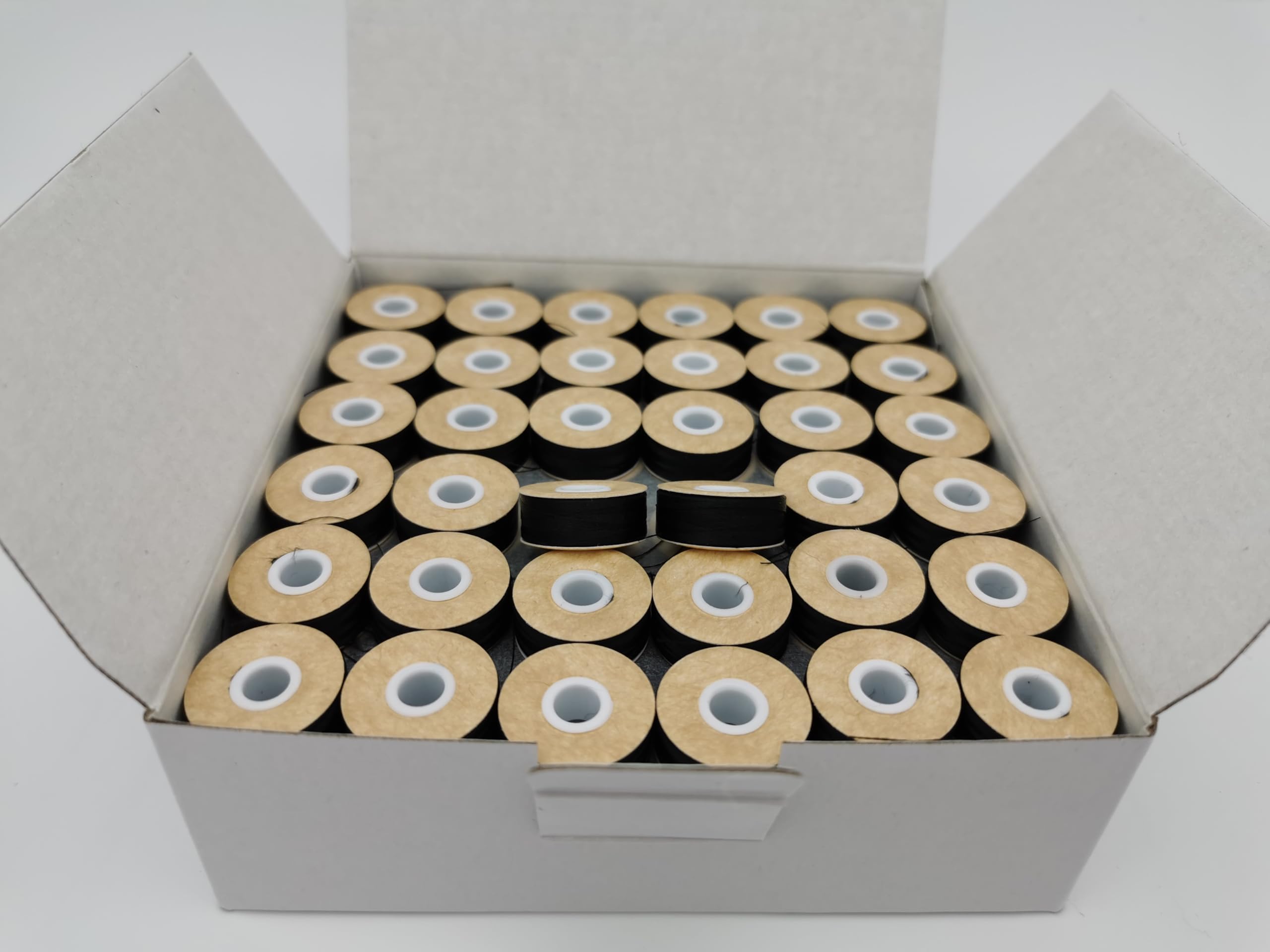 DOUBLELIN Prewound Bobbin, Cardboard, Size L (Style L, SA155, Size 9.4),144pcs per Box, Filament Polyester, Compatible with Babylock, Barudan, Bernina, Brother, Singer, Tajima and More (75D/2 Black)